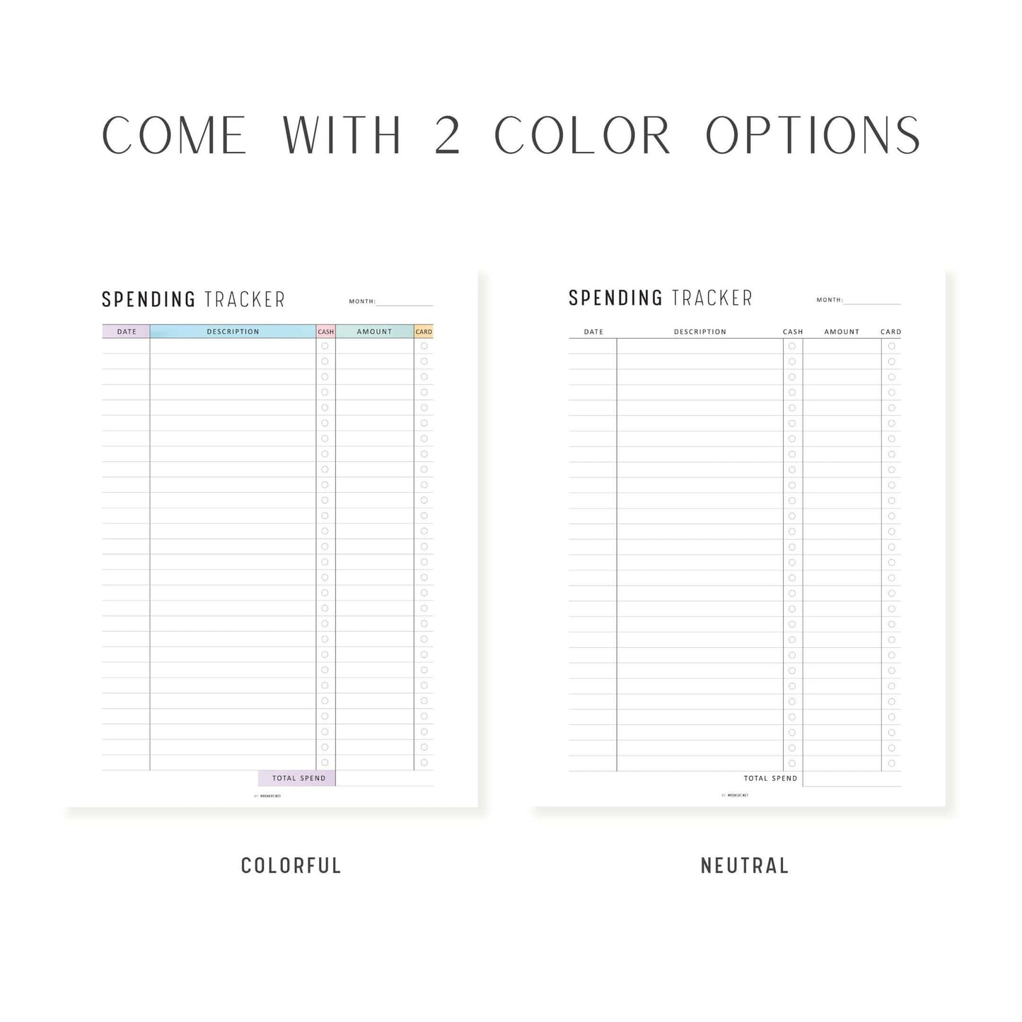 Monthly Spending Tracker Printable, A4, A5, Letter, Half Letter, Minimalist and Colorful Page