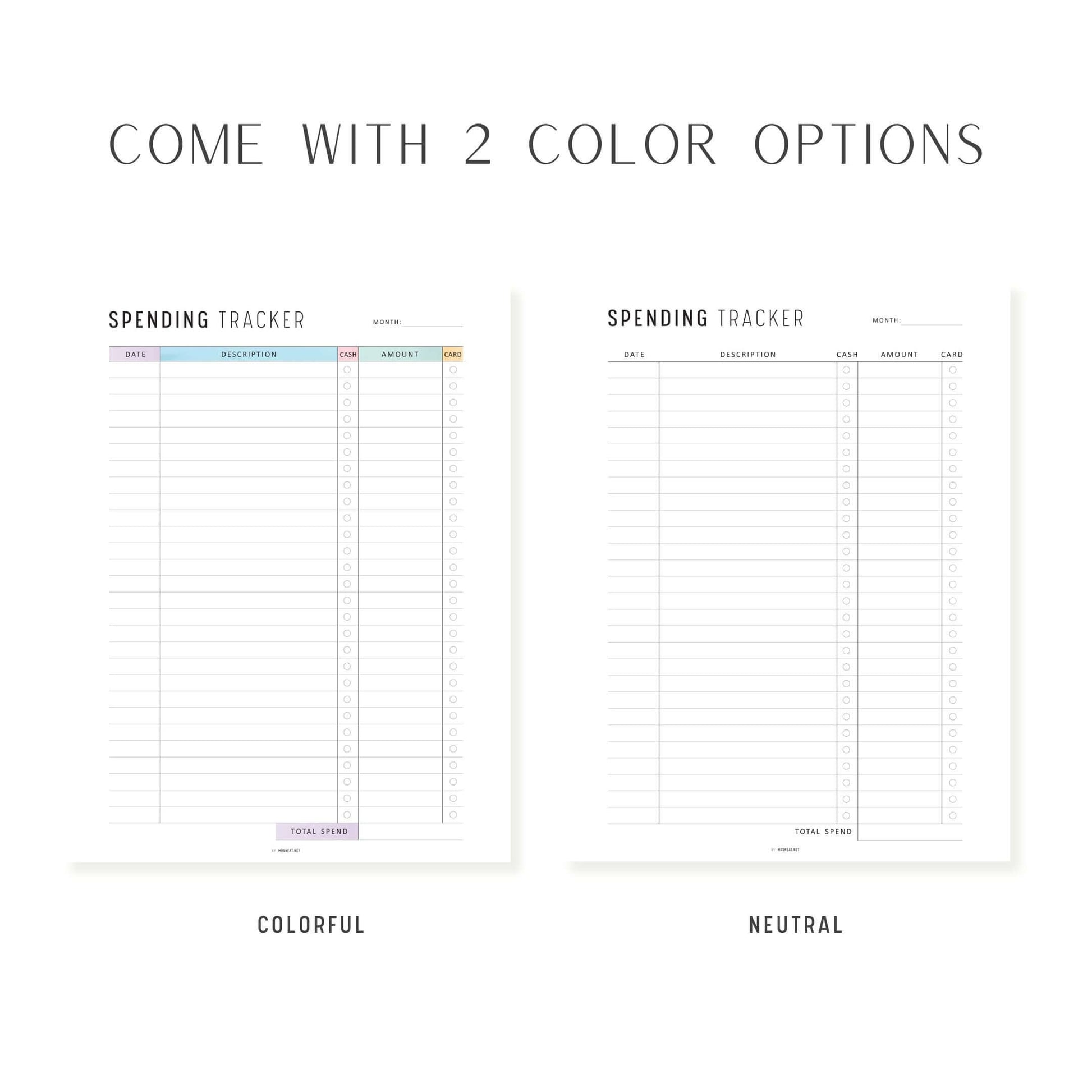 Monthly Spending Tracker Printable, A4, A5, Letter, Half Letter, Minimalist and Colorful Page