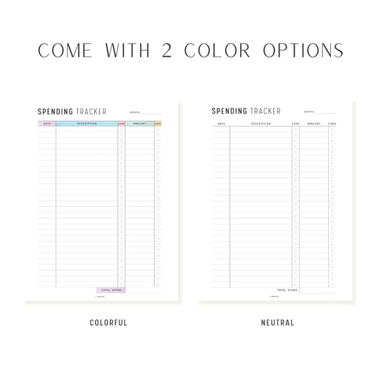 Monthly Spending Tracker Printable, A4, A5, Letter, Half Letter, Minimalist and Colorful Page