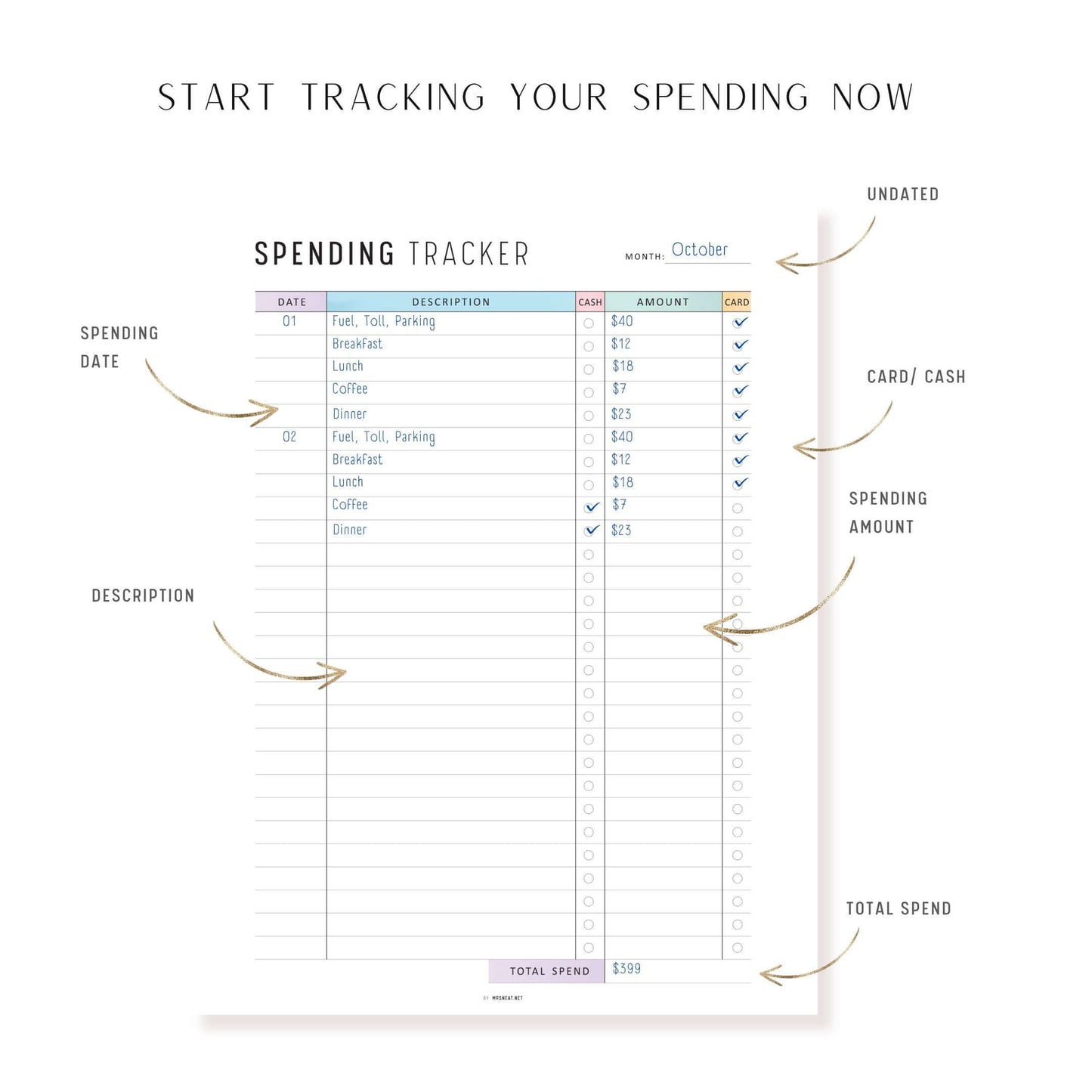 Monthly Spending Tracker Printable, A4, A5, Letter, Half Letter, Minimalist and Colorful Page