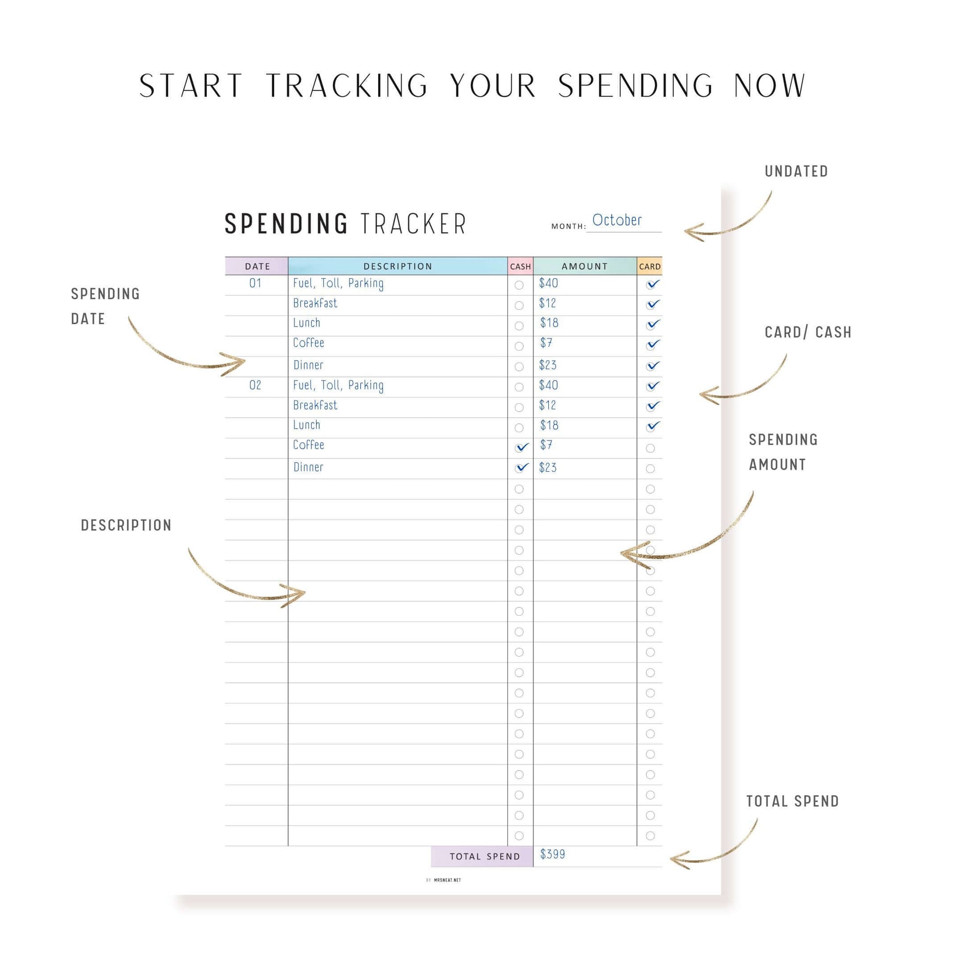 Monthly Spending Tracker Printable, A4, A5, Letter, Half Letter, Minimalist and Colorful Page