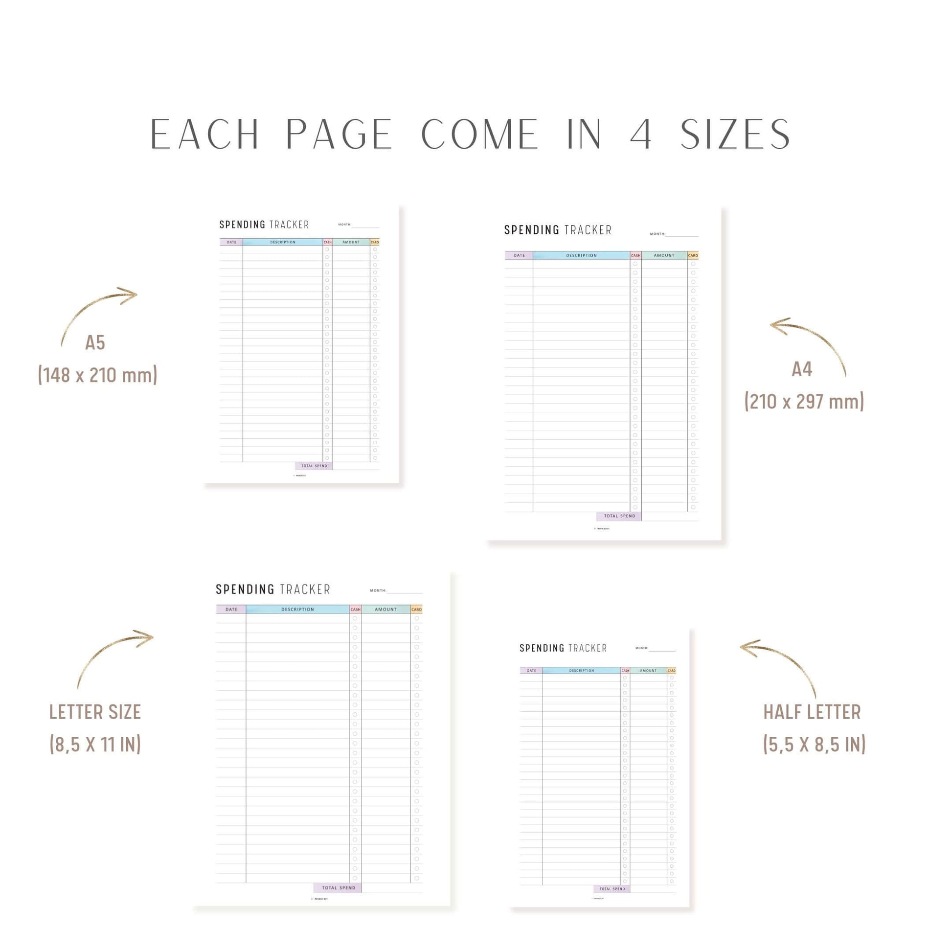 Monthly Spending Tracker Printable, A4, A5, Letter, Half Letter, Minimalist and Colorful Page