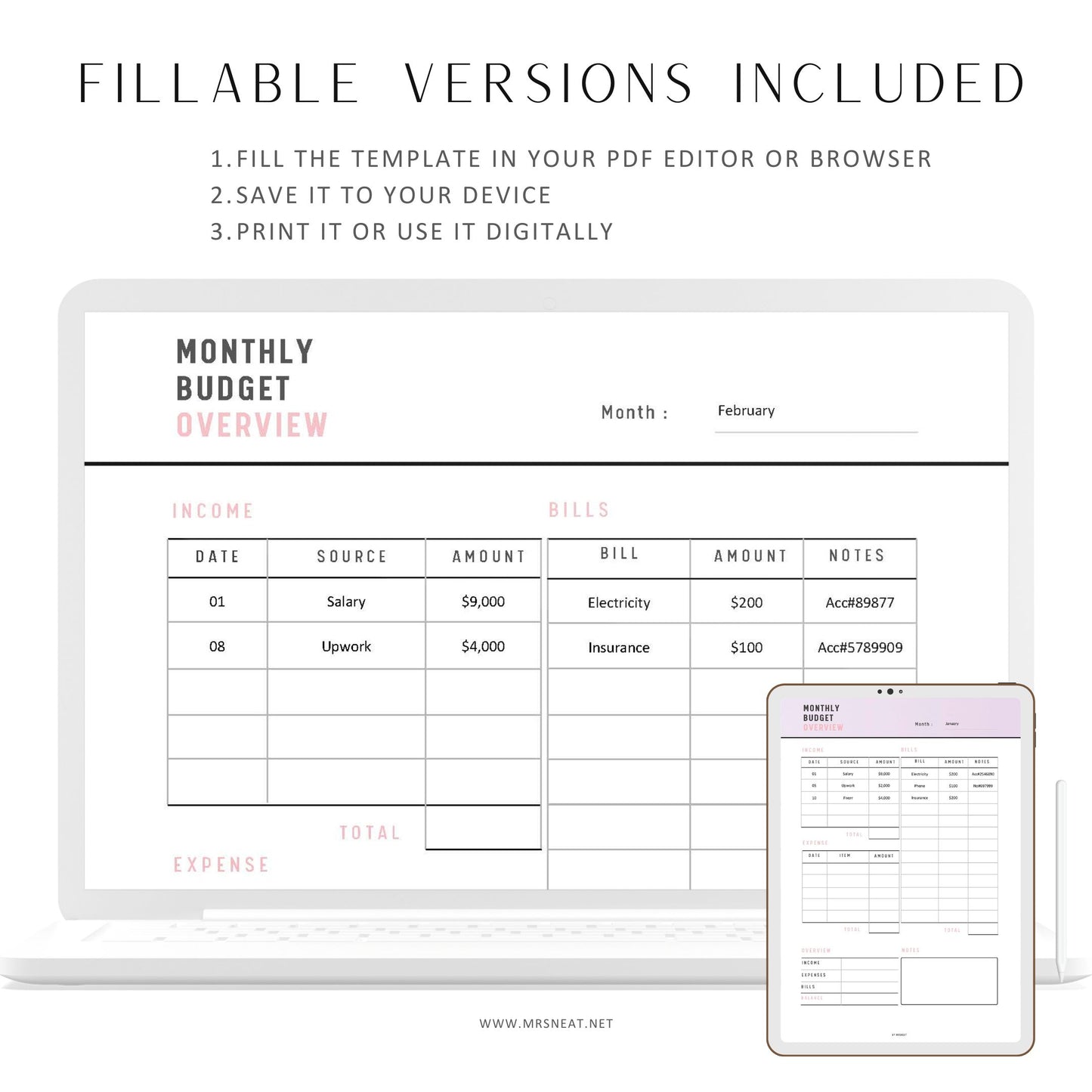 Fillable Monthly Budget Overview, Budget Planner Printable, A4, A5, US Letter, 3 color options