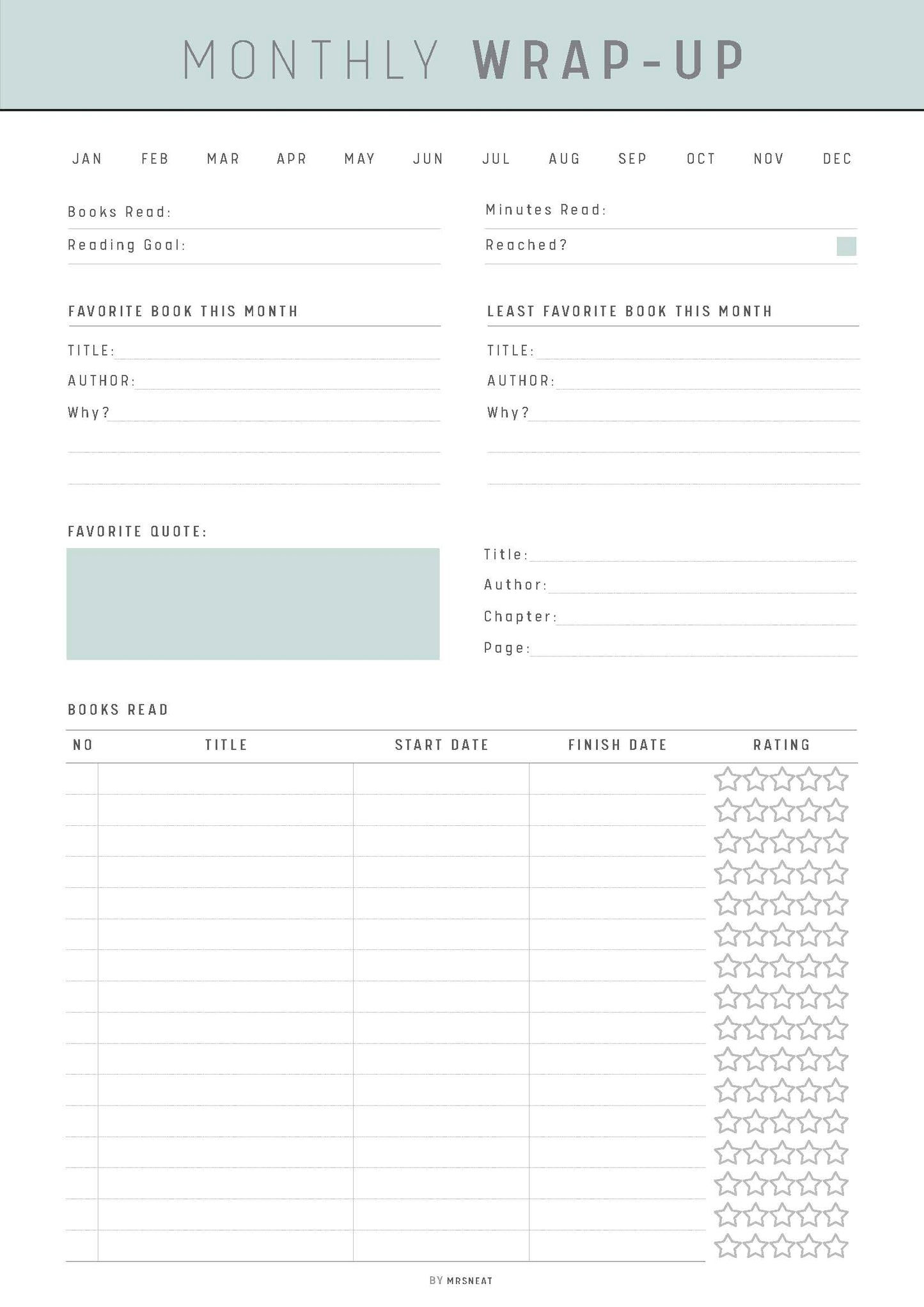 Monthly Reading Wrap Up Template, Reading Wrap Up Printable, Fillable Reading Log, Reading Journal, A4, A5, Letter, Half Letter, 5 Colors