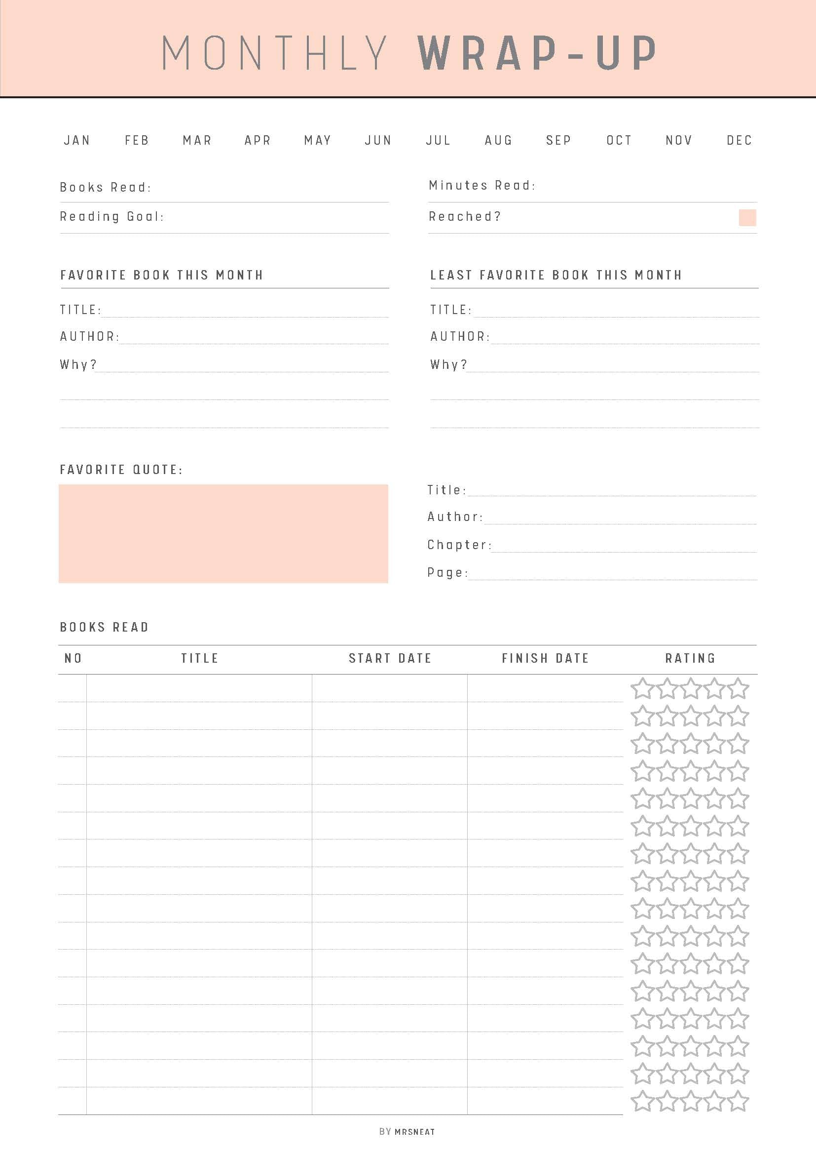 Monthly Reading Wrap Up Template, Reading Wrap Up Printable, Fillable Reading Log, Reading Journal, A4, A5, Letter, Half Letter, 5 Colors