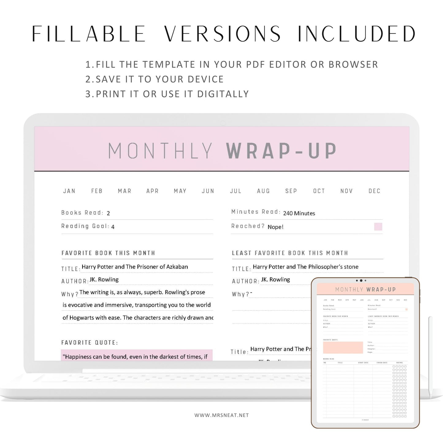 Monthly Reading Wrap Up Template, Reading Wrap Up Printable, Fillable Reading Log, Reading Journal, A4, A5, Letter, Half Letter, 5 Colors
