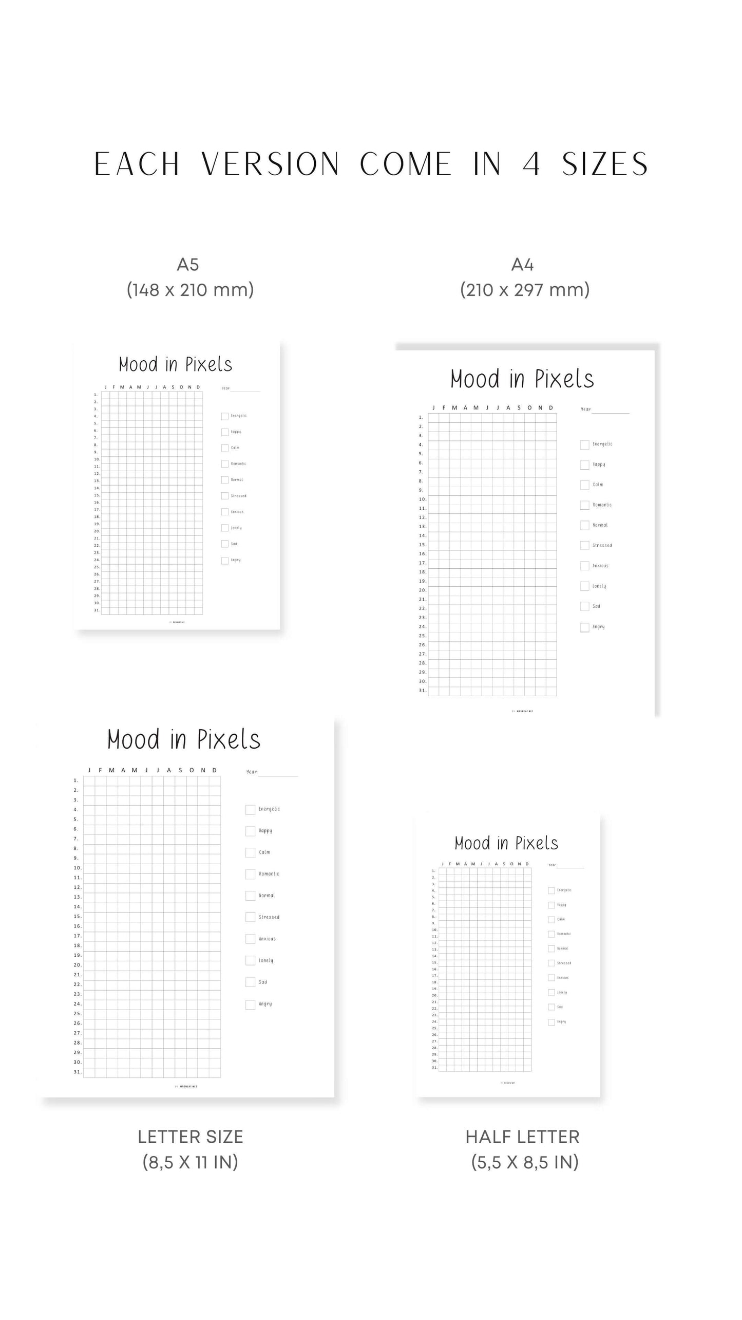 A4, A5, Letter, Half Letter Year in Pixels Printable