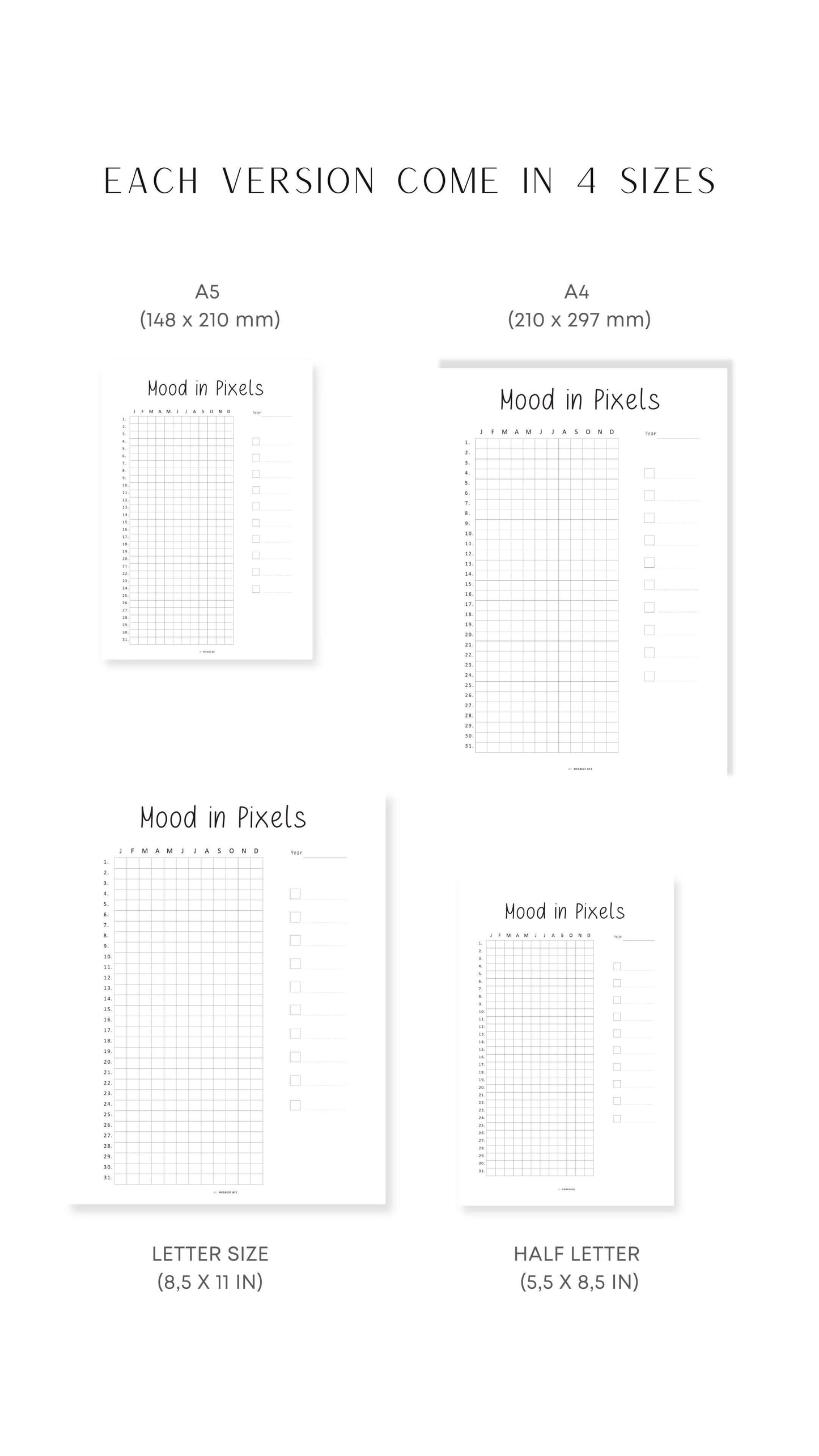 A4, A5, Letter, Half Letter Year in Pixels Insert