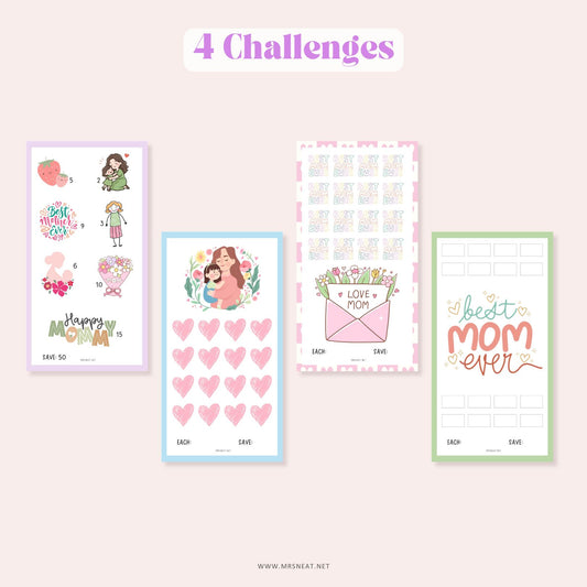 Mother Day Fund Savings Challenge PRINTABLE, A6, 4 Challenges, 4 versions