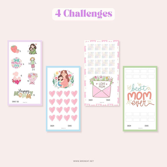 4 Challenge (Purple, Green, Pink and Blue) Cute Mothers Day Fund Savings Challenge for Mothers Day Gift