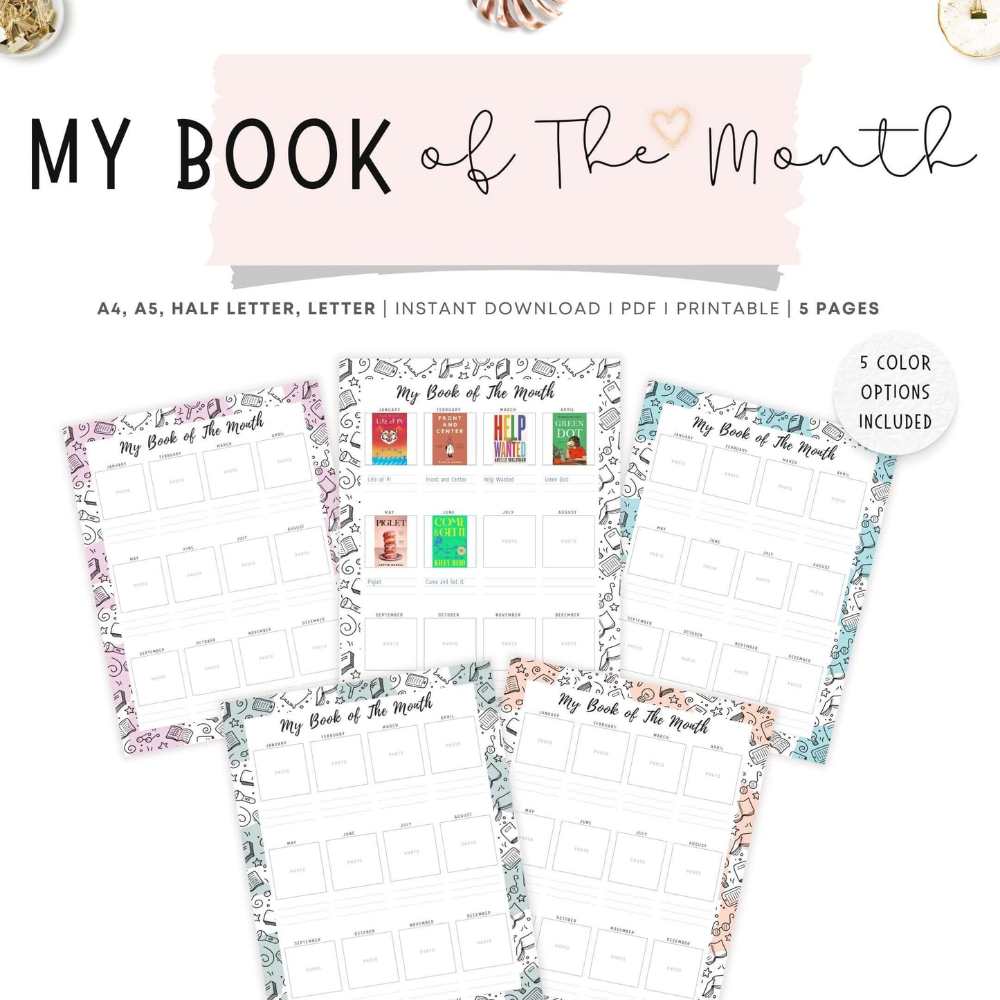My Book of The Month Template Printable, A4, A5, Letter, Half Letter, 5 Colors, Digital Planner