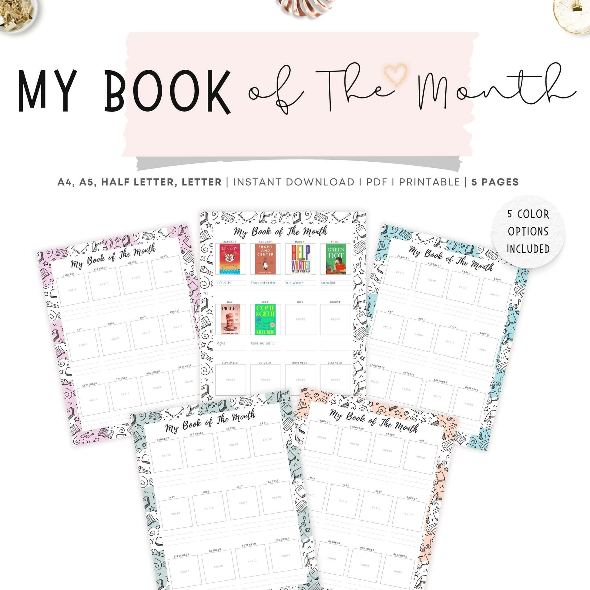 My Book of The Month Template Printable, A4, A5, Letter, Half Letter, 5 Colors, Digital Planner