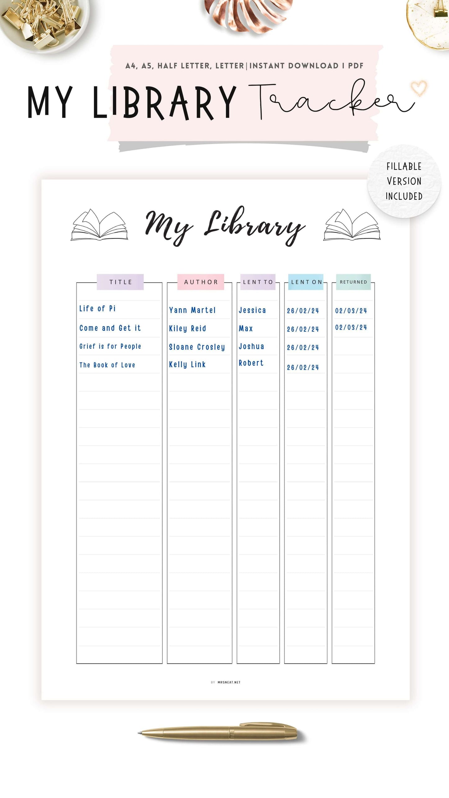 My Library Book Tracker Template Printable, A4, A5, Letter, Half Letter, Fillable version included, Digital Planner, Colorful Page