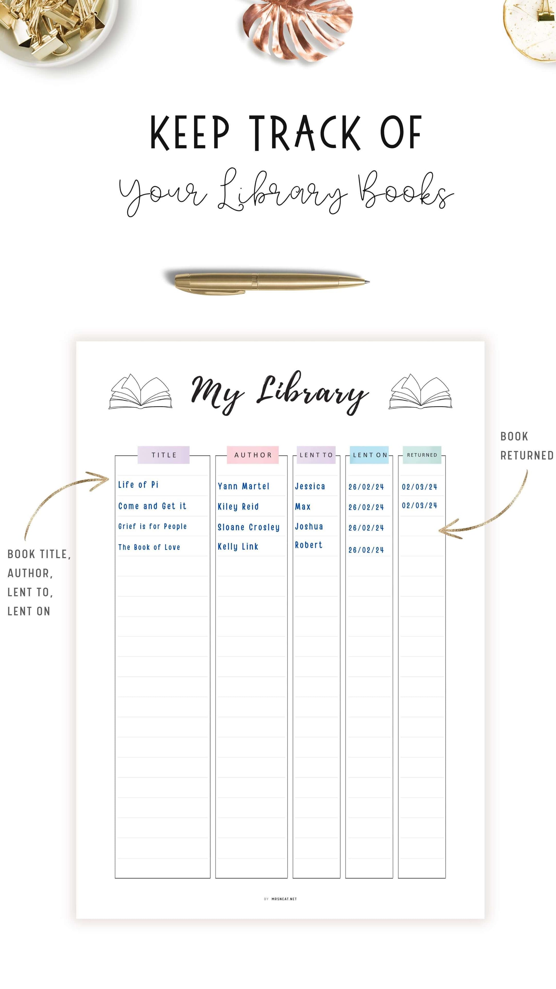 My Library Book Tracker Template Printable, A4, A5, Letter, Half Letter, Fillable version included, Digital Planner, Colorful Page