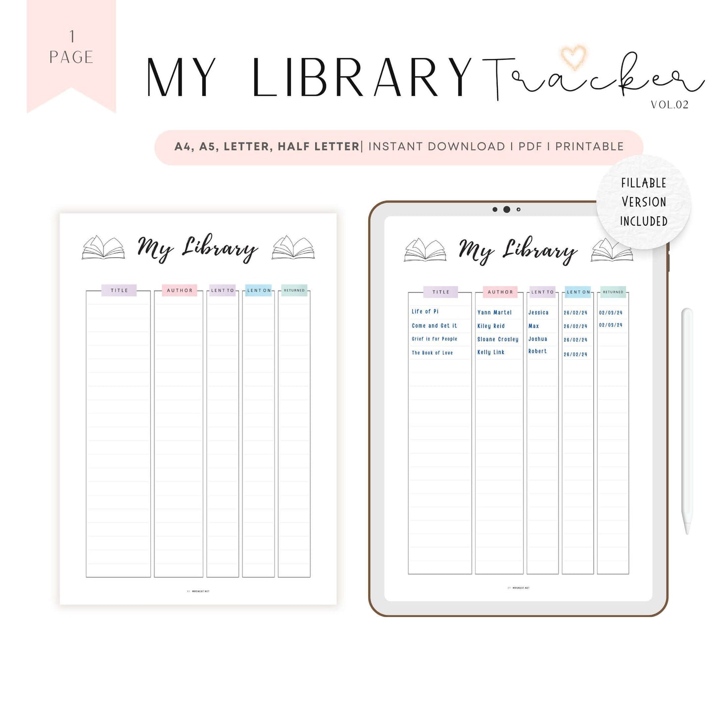 My Library Book Tracker Template Printable, A4, A5, Letter, Half Letter, Fillable version included, Digital Planner, Colorful Page