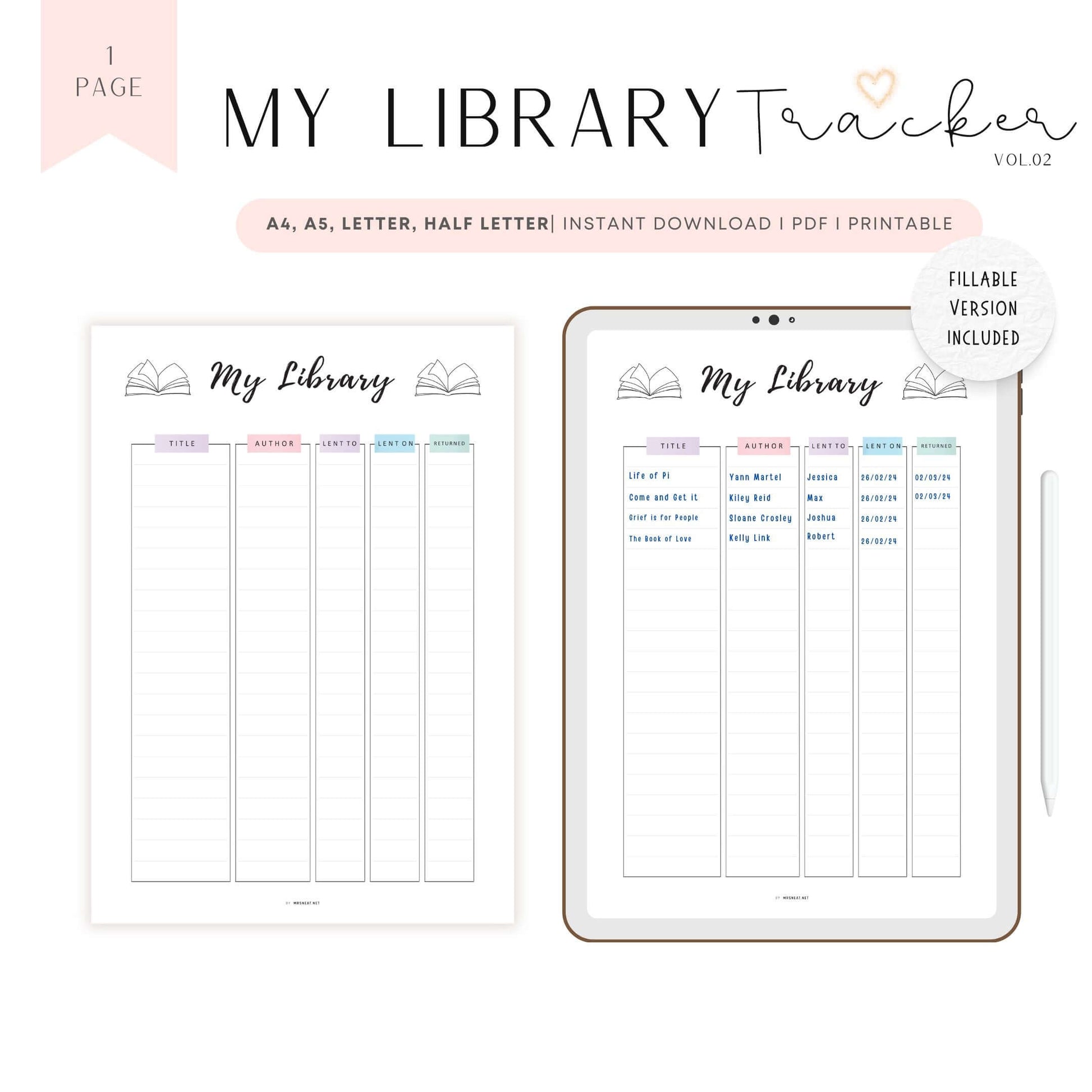 My Library Book Tracker Template Printable, A4, A5, Letter, Half Letter, Fillable version included, Digital Planner, Colorful Page