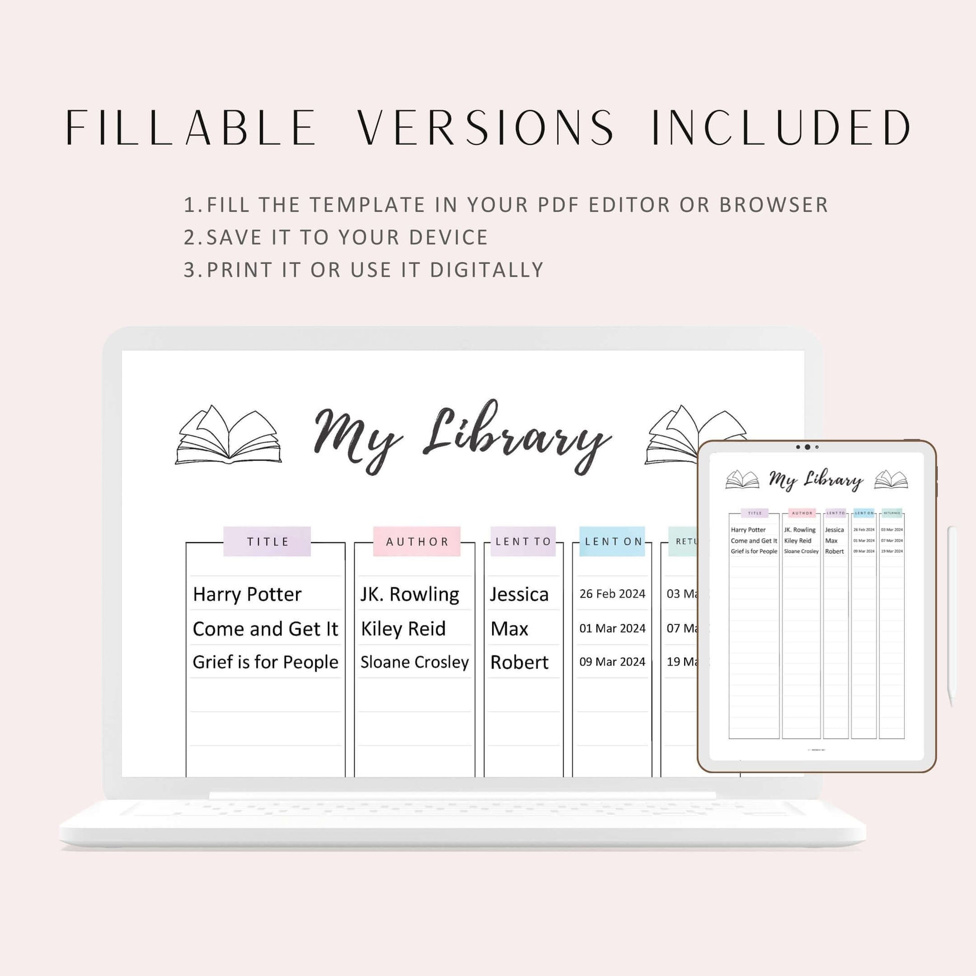 My Library Book Tracker Template Printable, A4, A5, Letter, Half Letter, Fillable version included, Digital Planner, Colorful Page