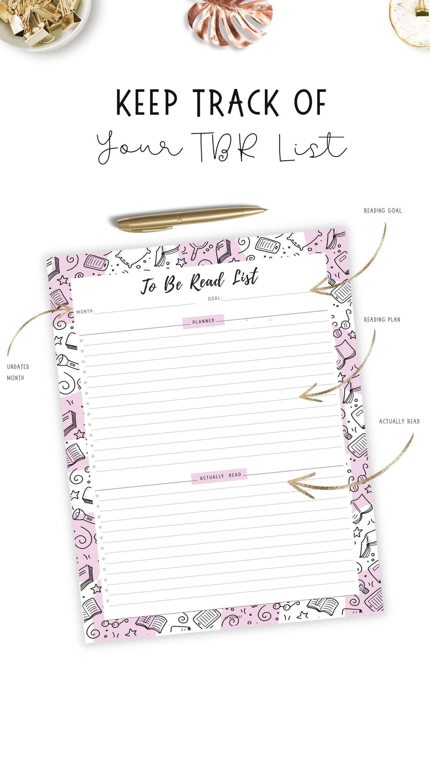 To Be Read List Template Printable, 5 colors ; Peach, Pink, Blue, Green, Neutral, 4 sizes ; A4, A5, Letter, Half Letter, Digital Planner