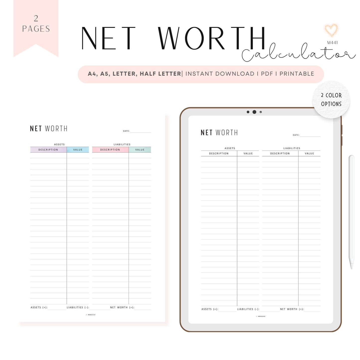 Net Worth Calculator Sheet, Printable, A4, A5, Letter, Half Letter, Minimalist and colorful page, PDF, Digital Planner