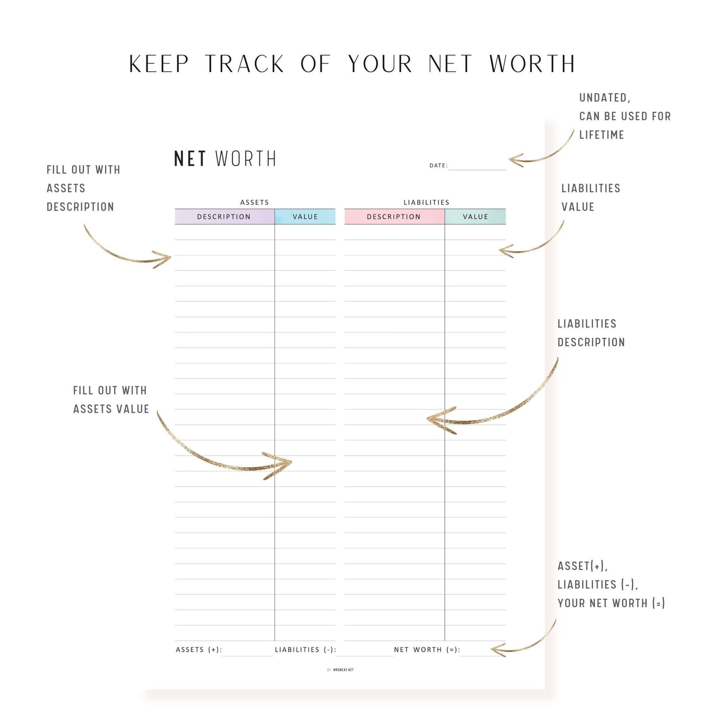 Net Worth Calculator Sheet, Printable, A4, A5, Letter, Half Letter, Minimalist and colorful page, PDF, Digital Planner