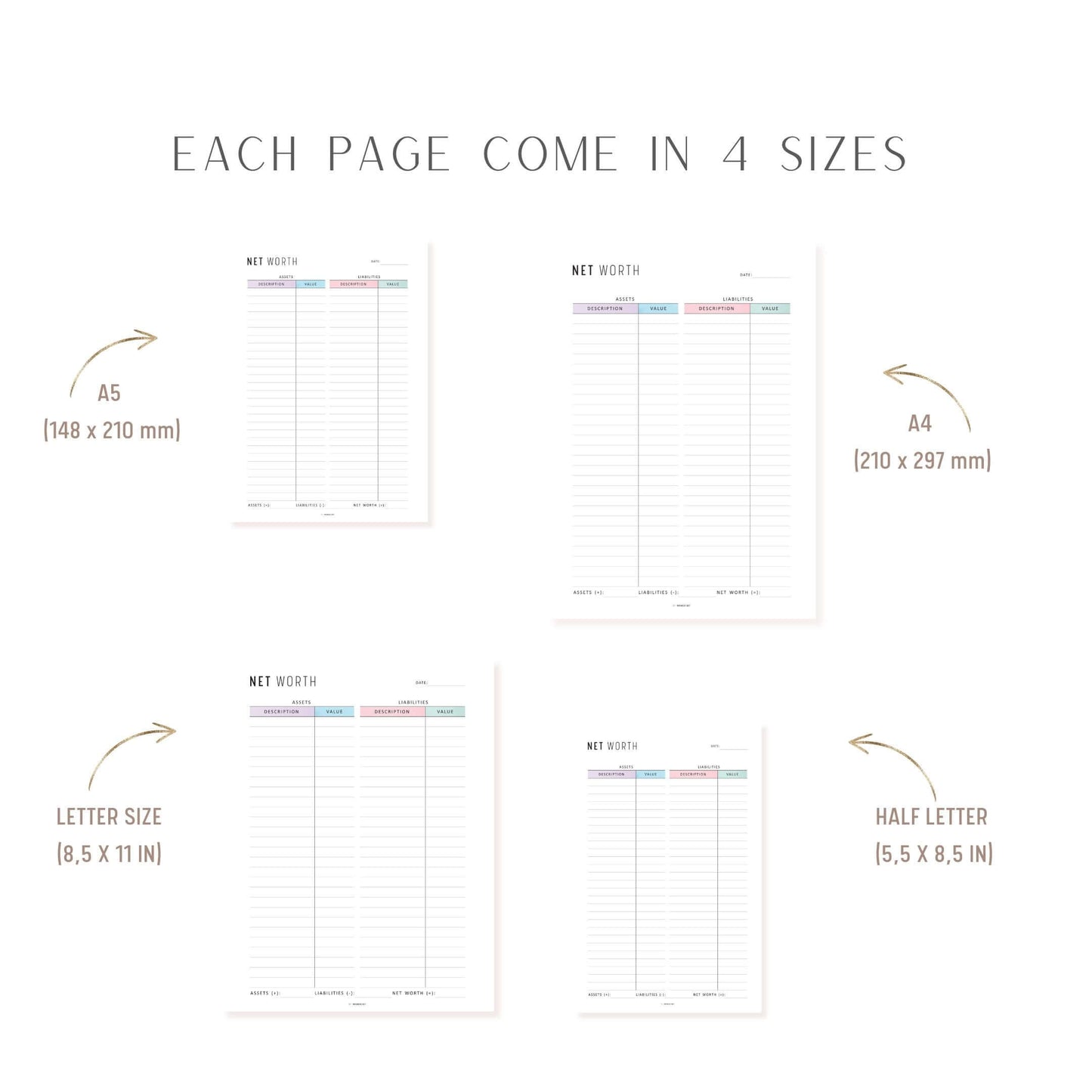 Net Worth Calculator Sheet, Printable, A4, A5, Letter, Half Letter, Minimalist and colorful page, PDF, Digital Planner