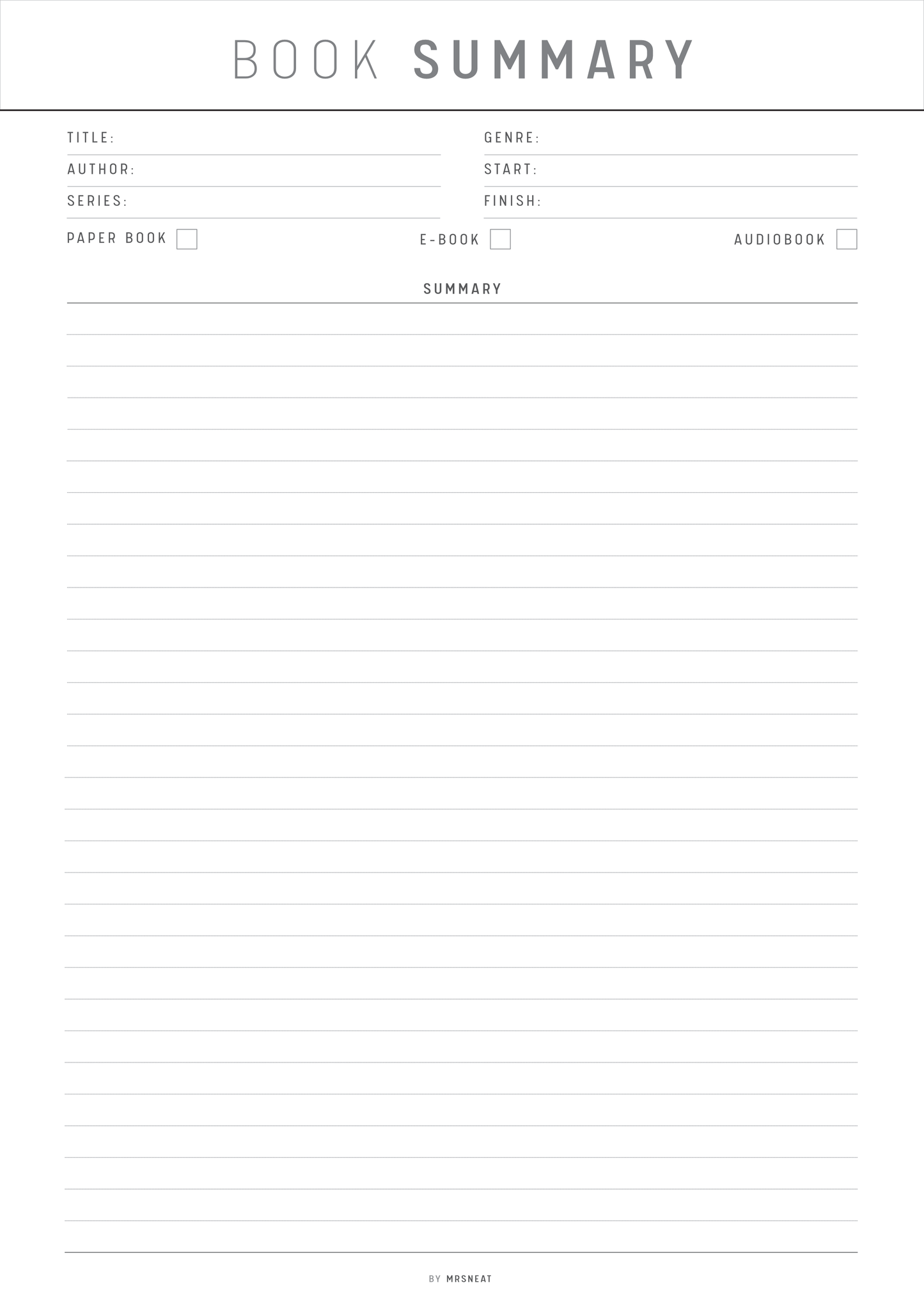 Blank book summary form with fields for title, author, genre, start, finish, paper book, e-book, and audiobook.