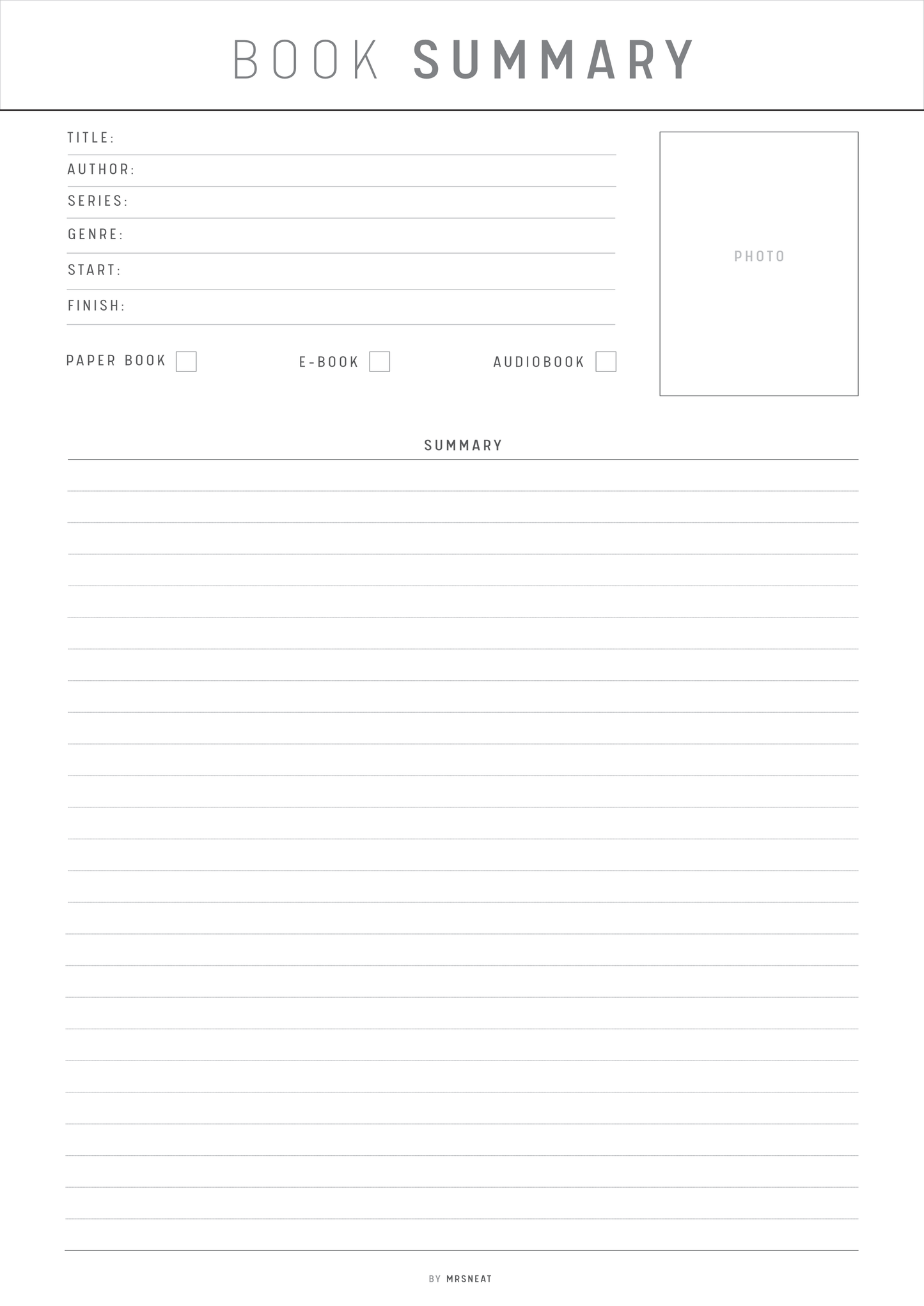 Blank book summary form with fields for title, author, series, genre, start, finish, and format.