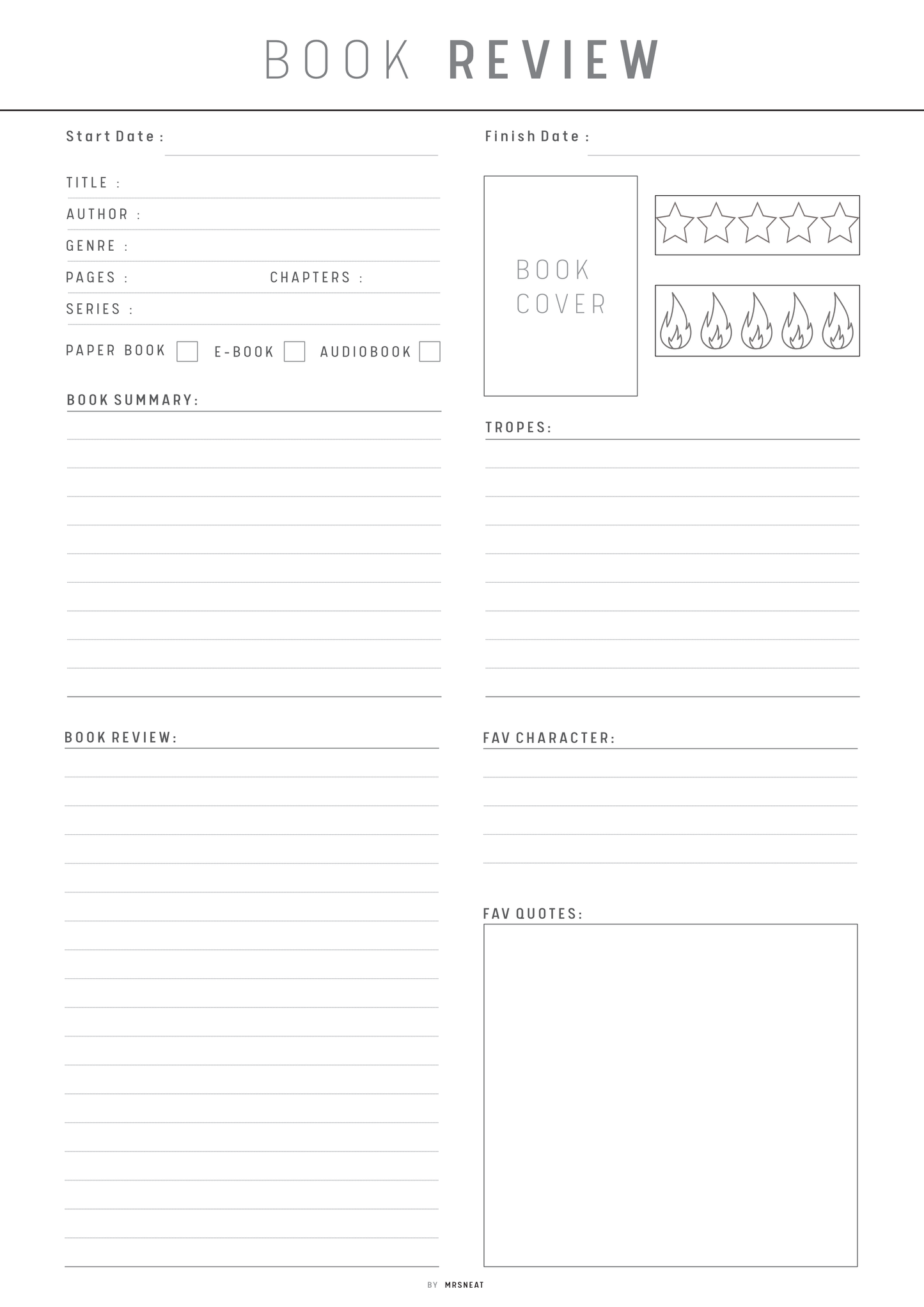 Blank book review form with various sections for input