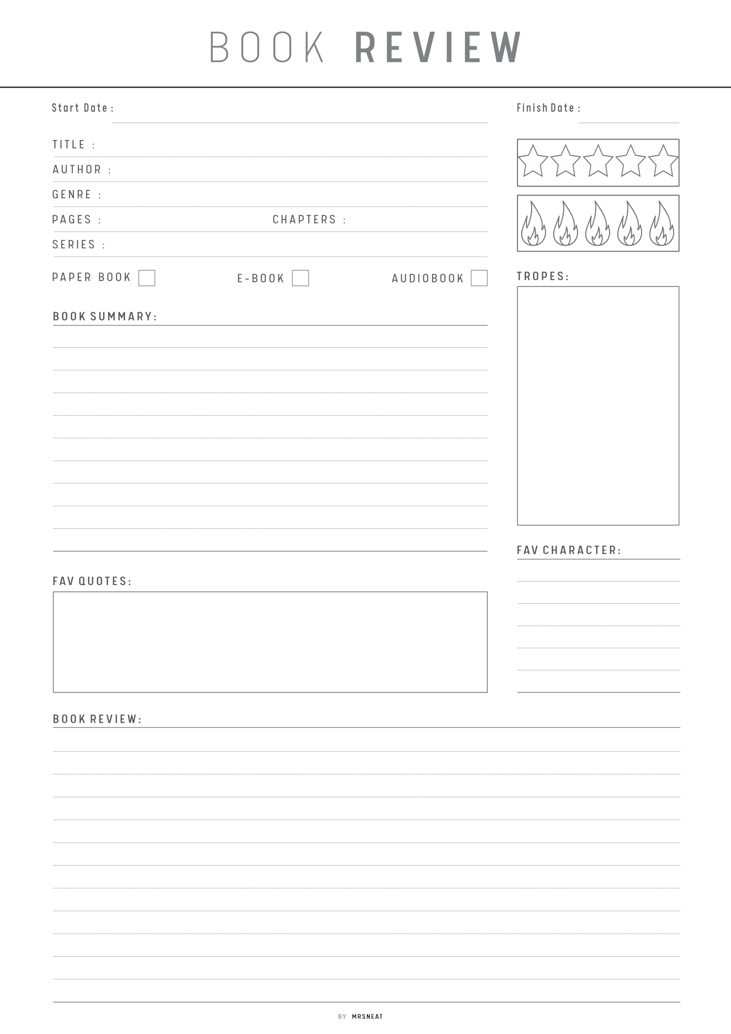 Blank book review form with various sections for input