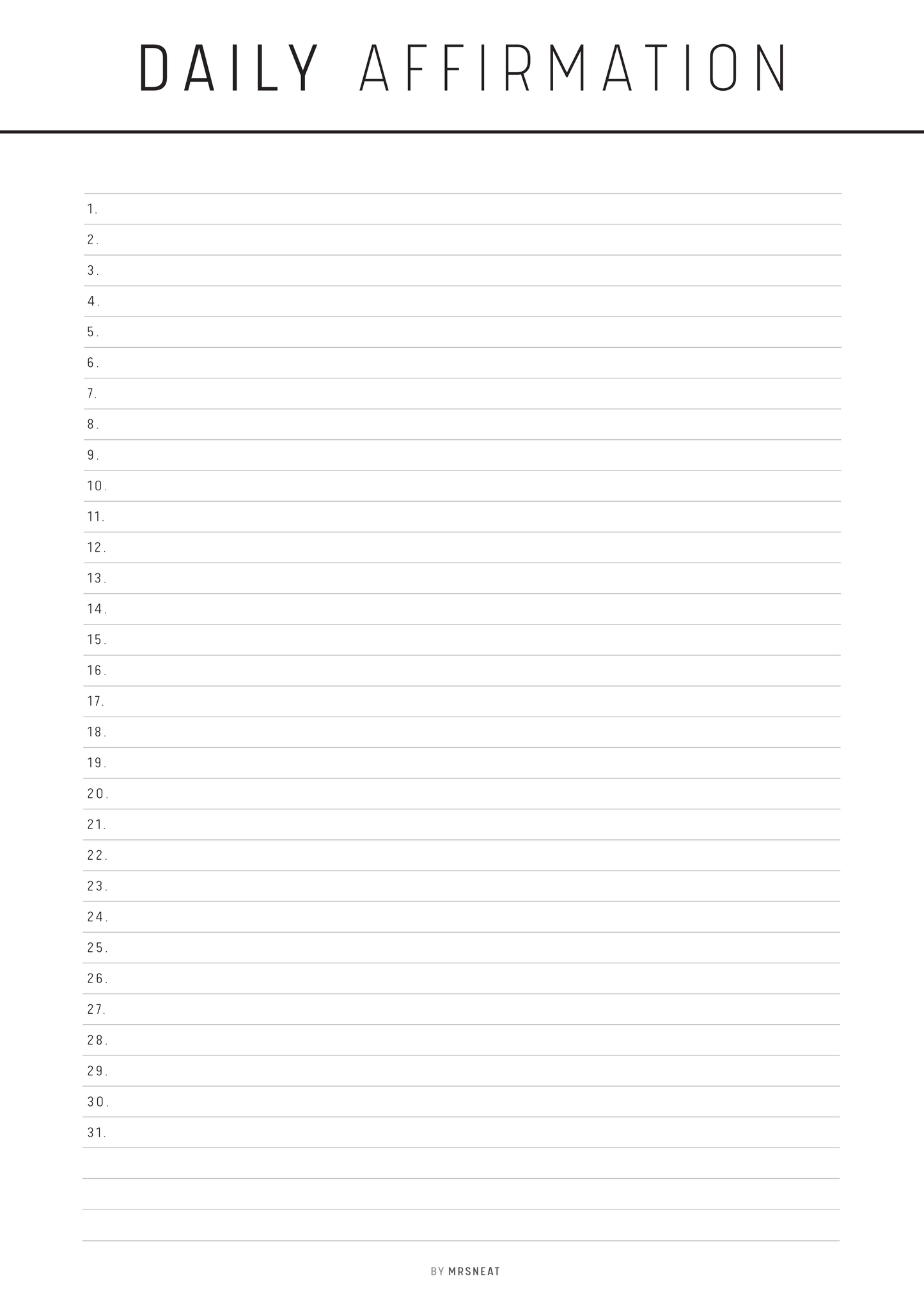 Blank sheet for daily affirmations with a minimalist design.