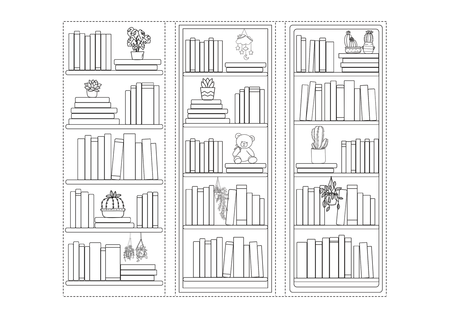 Bookmarks of a bookshelf with books and decorative items on a white background