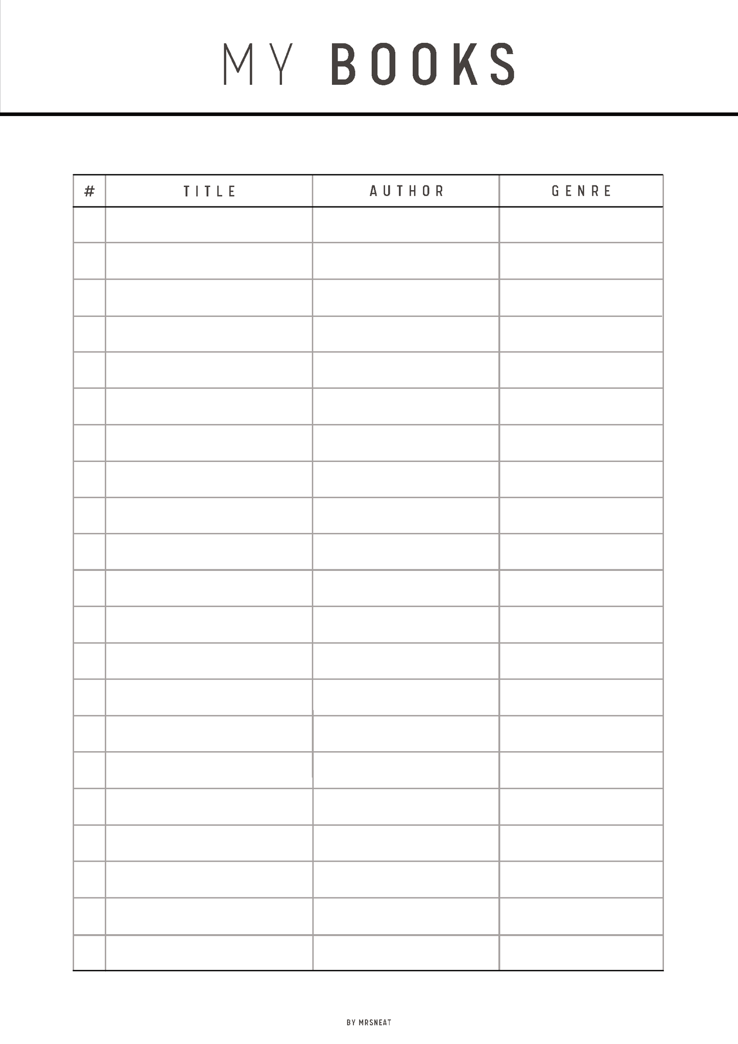 Sheet with a table for tracking books including title, author, and genre on a white background.