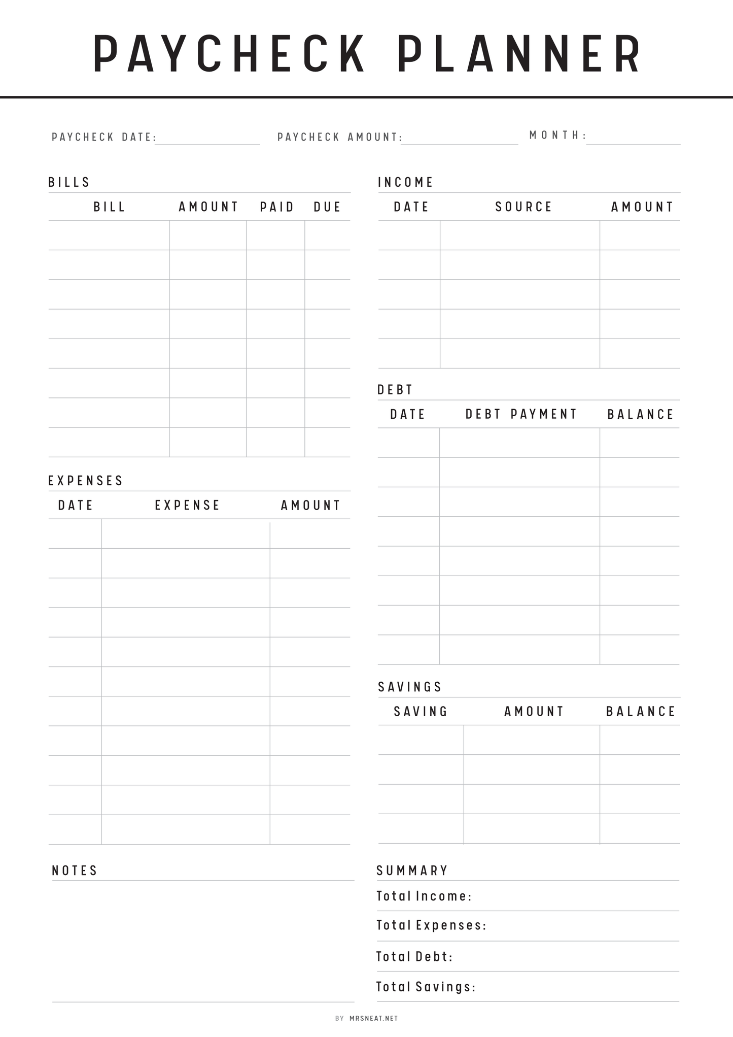 A4 Paycheck planner with columns for various financial transactions and categories.
