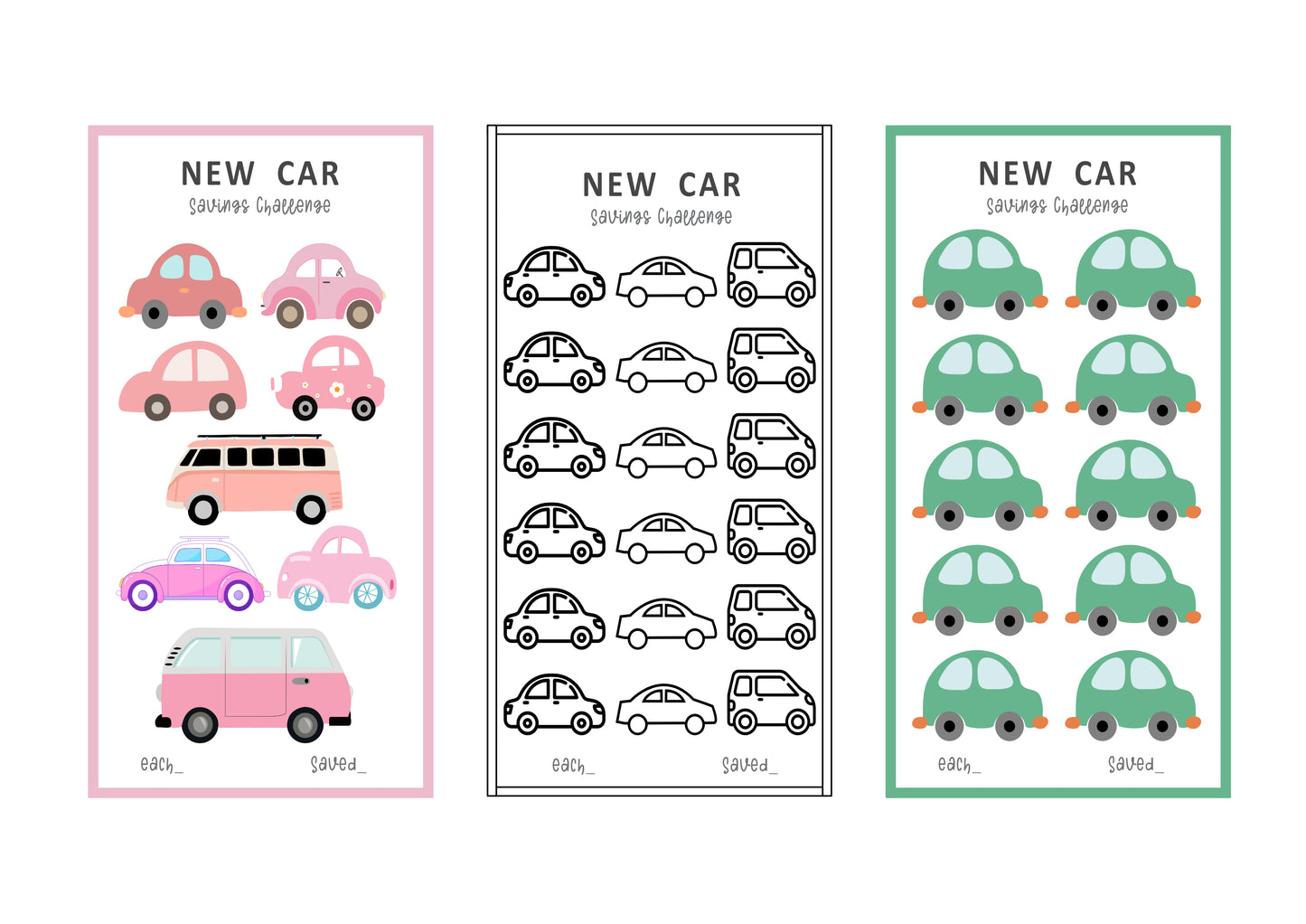 Three sheets of A6 Mini Savings Challenge with different car designs on a white background