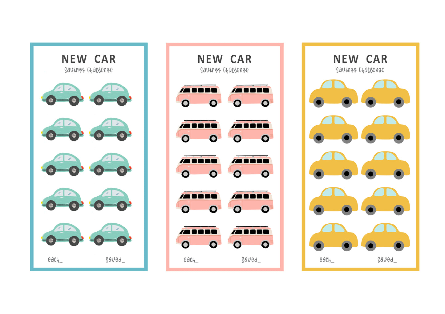 Three sheets of A6 Mini Savings Challenge Car Fund with different vehicle designs on a white background