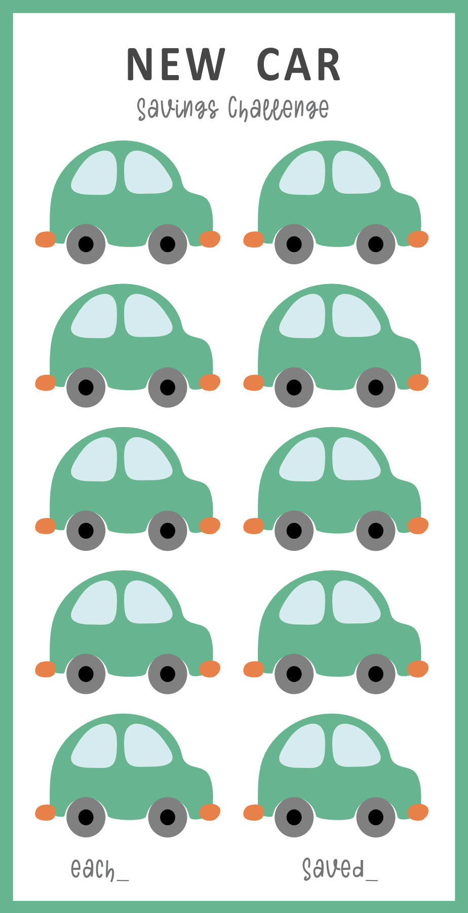 Illustrations of green cars with text about a savings challenge for a new car.