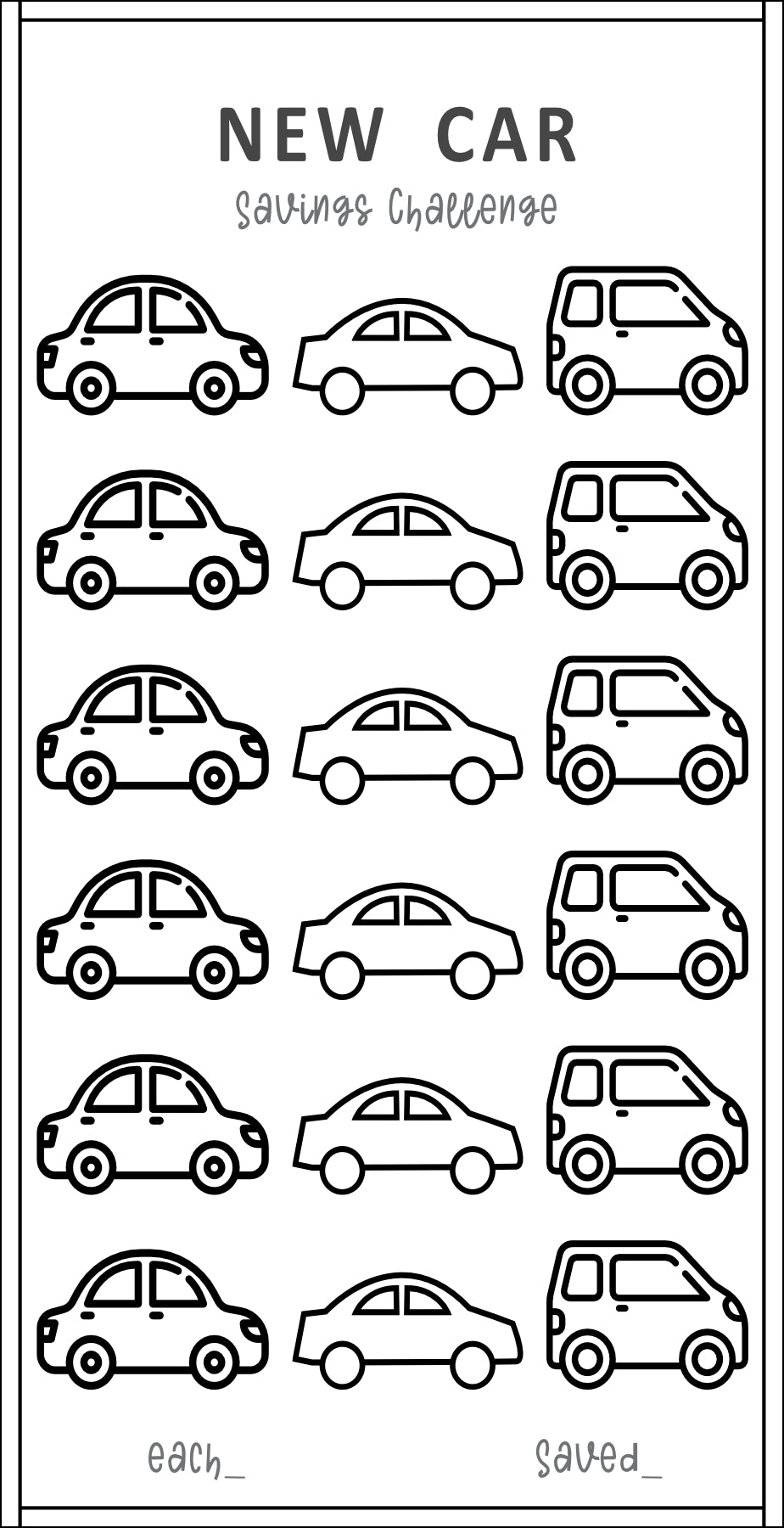 Sheet with car illustrations and text for a 'New Car Savings Challenge'.