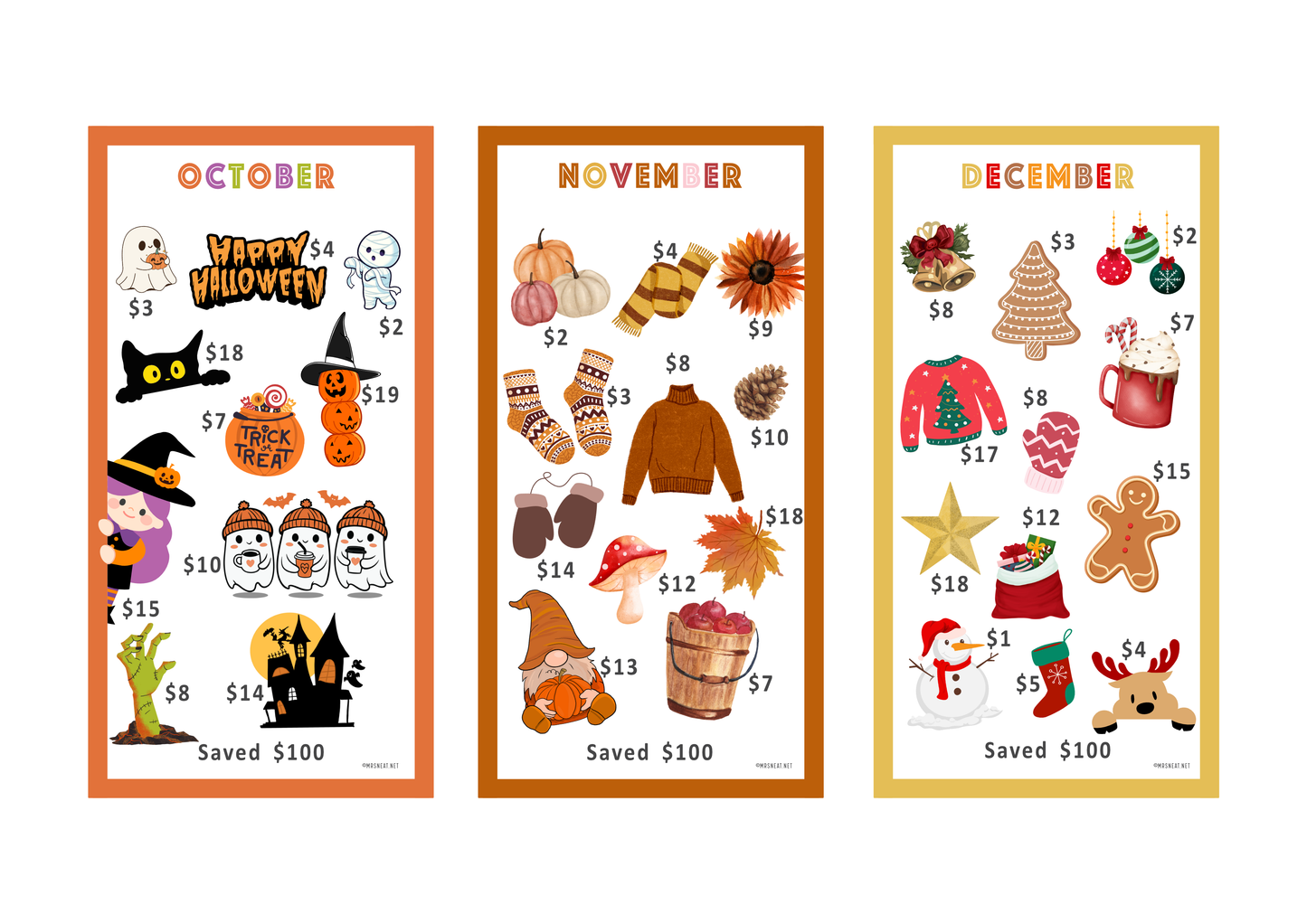 Three Mini savings challenge for October, November, and December with seasonal illustrations and saving amount.