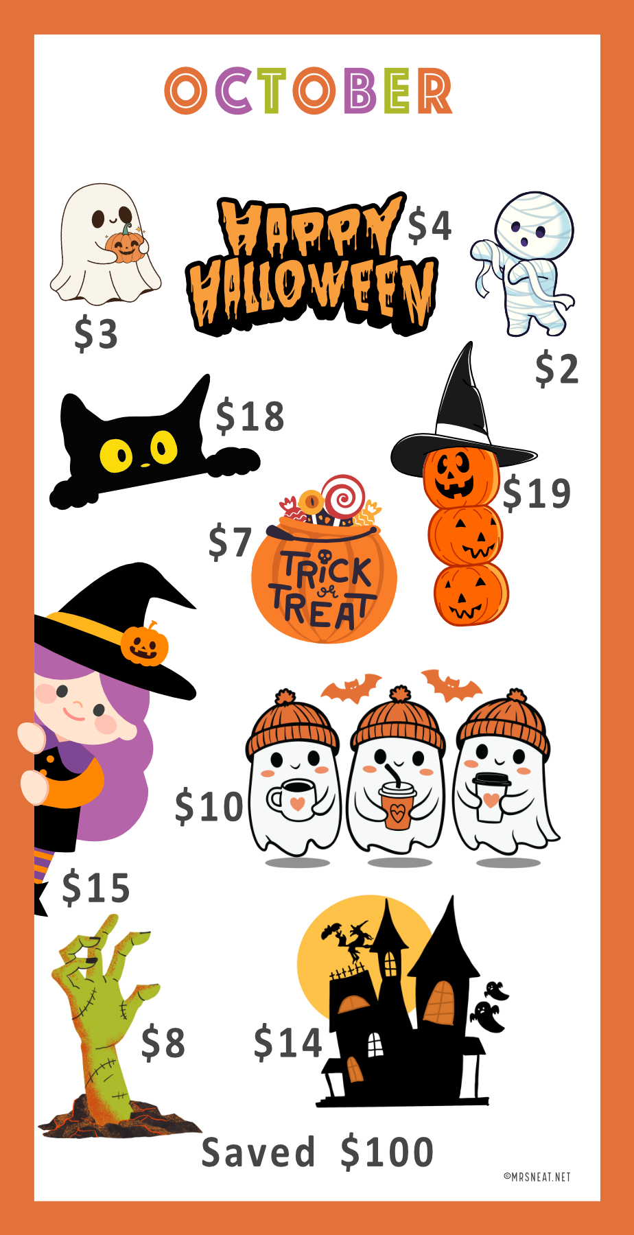 Halloween-themed money-saving challenge with cartoon characters and saving amount on an orange background.