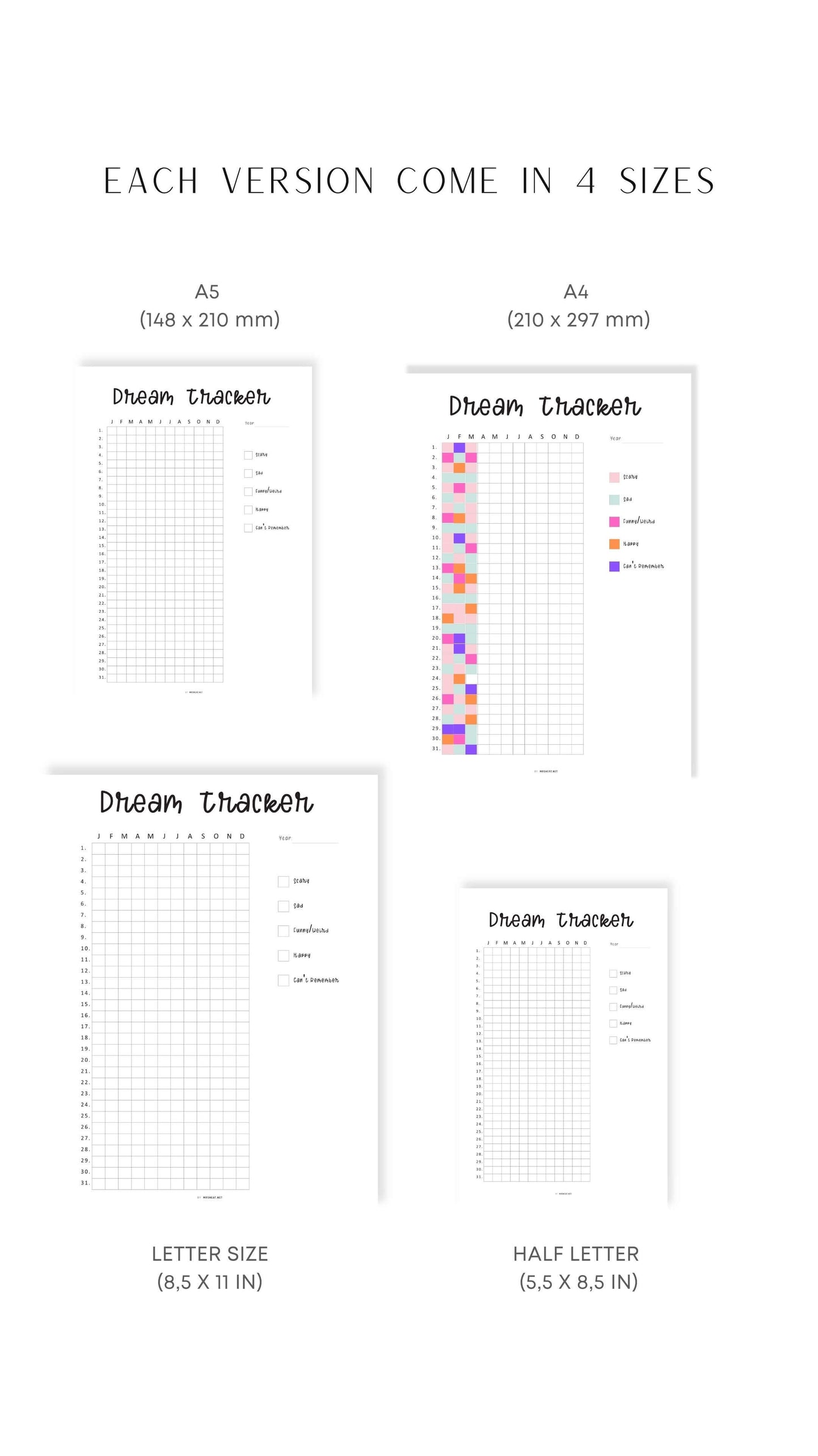 A4, A5, Letter, Half Letter One Year Dream Tracker Bullet Journal