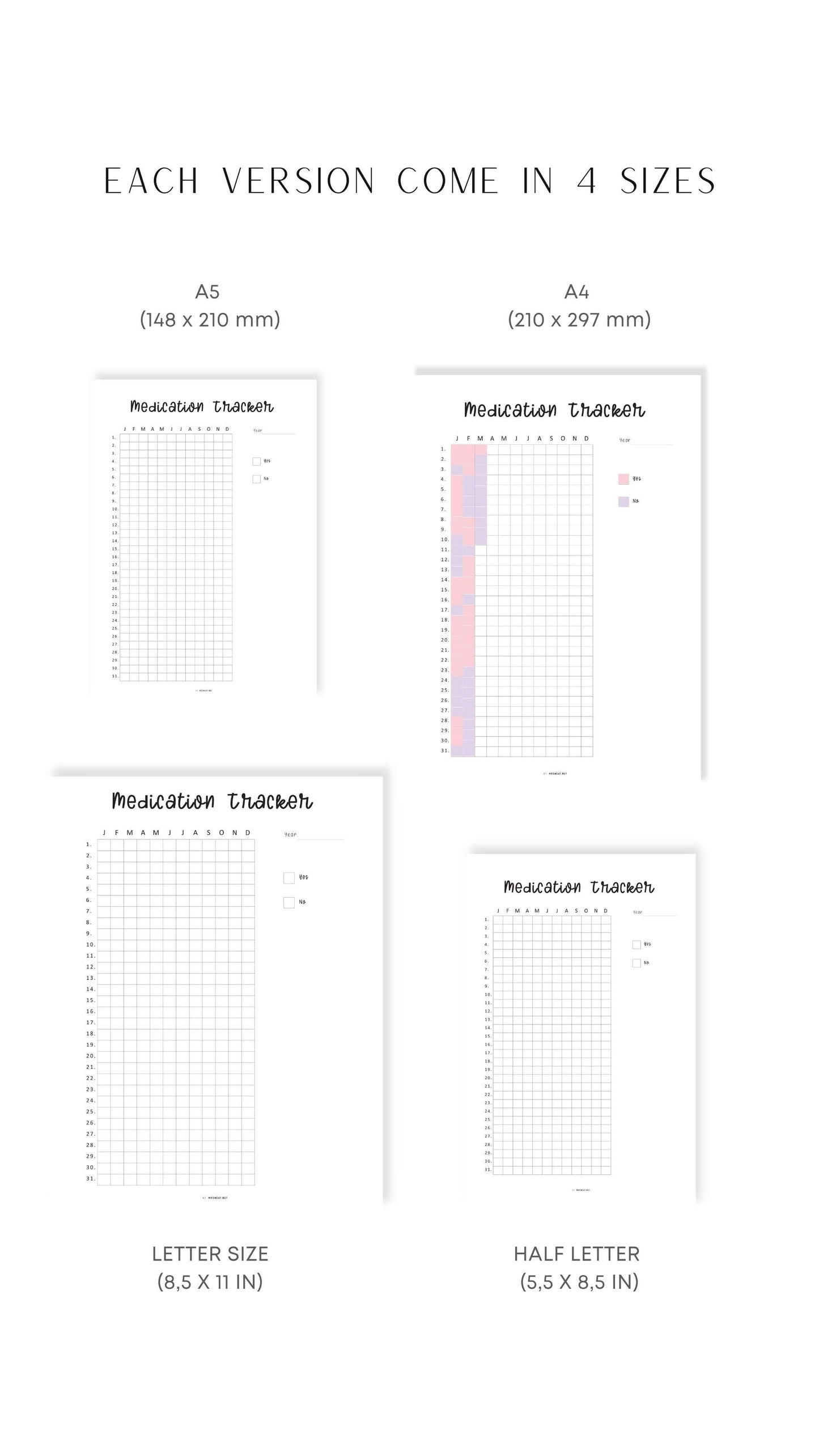 A4, A5, Letter, Half Letter Medication Planner Printable Inserts
