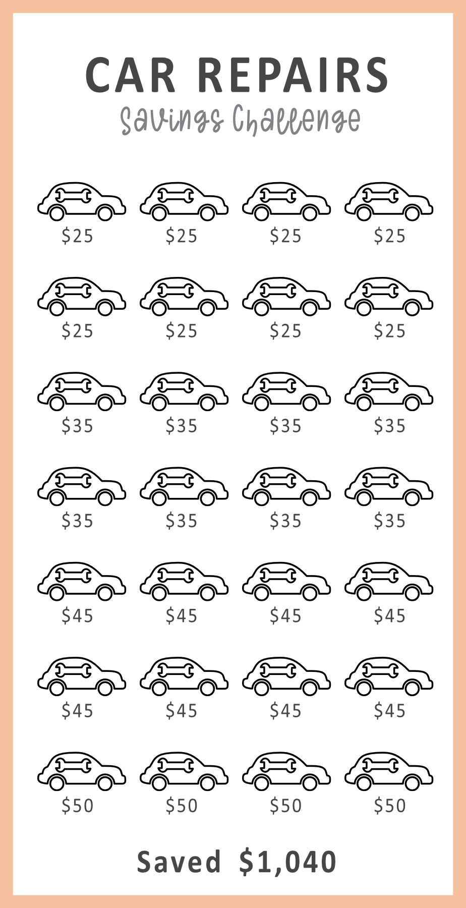 Sheet with car repair savings challenge amounts and a total saved amount.