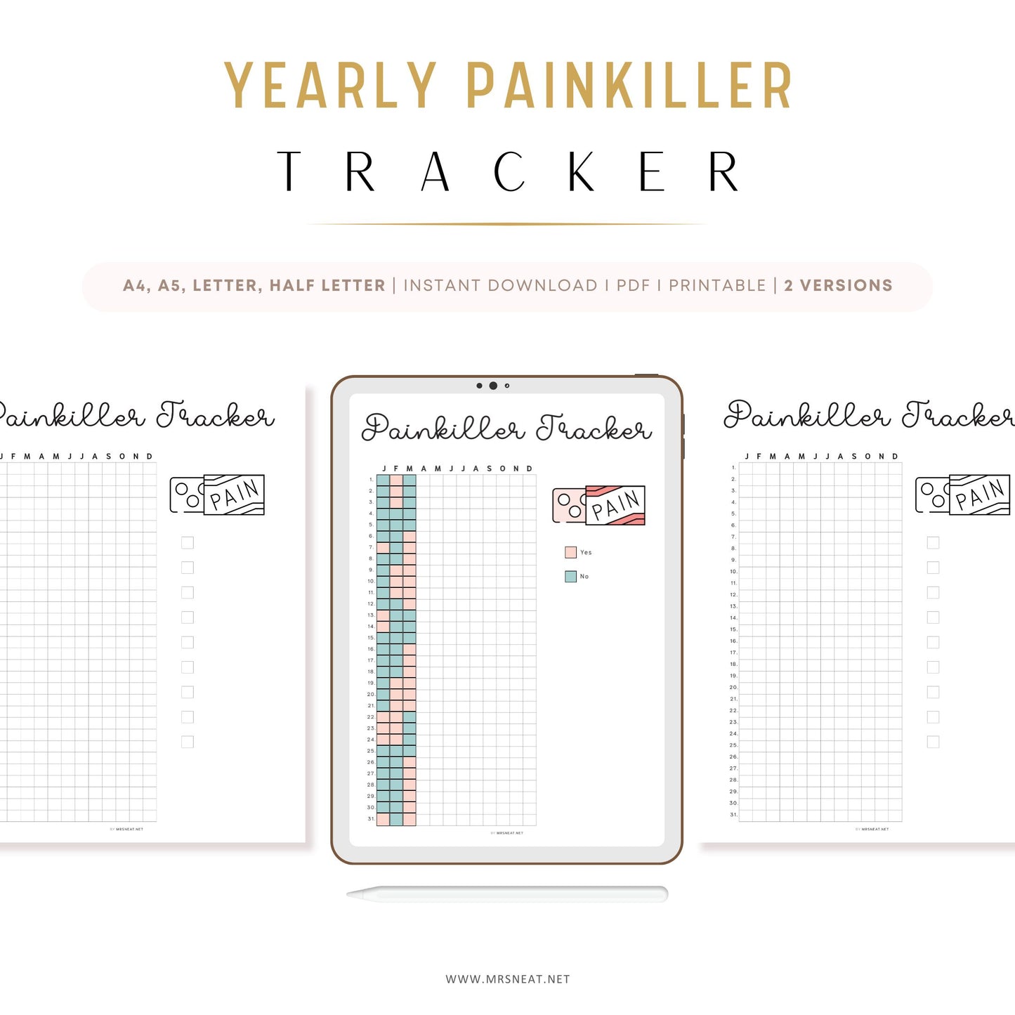 Painkiller Yearly Tracker, PRINTABLE Journal Page, Medication Tracker, Health Tracker, Pill Tracker, Meds Tracker, Track Medication, Digital Planner, Printable Planner, A4, A5, Letter, Half Letter, Instant Download