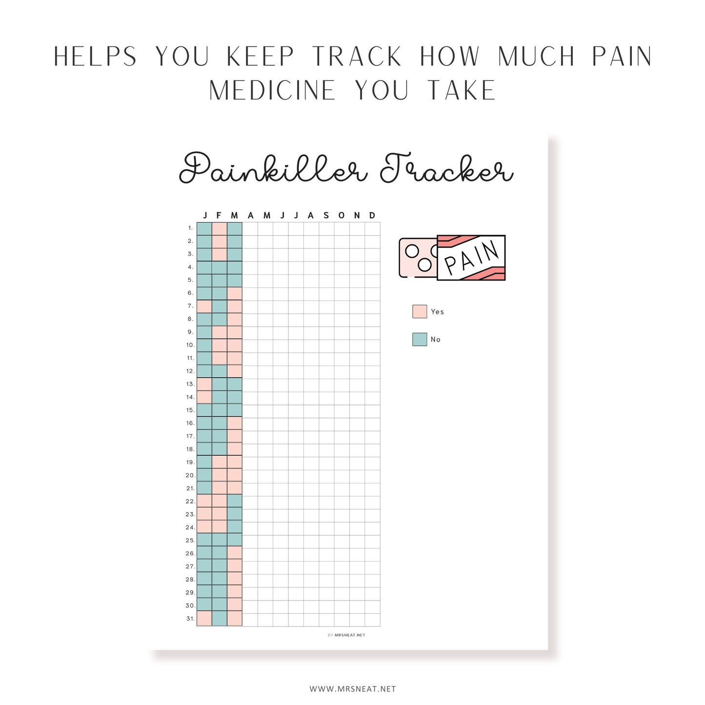 Painkiller Yearly Tracker, PRINTABLE Journal Page, Medication Tracker, Health Tracker, Pill Tracker, Meds Tracker, Track Medication, Digital Planner, Printable Planner, A4, A5, Letter, Half Letter, Instant Download