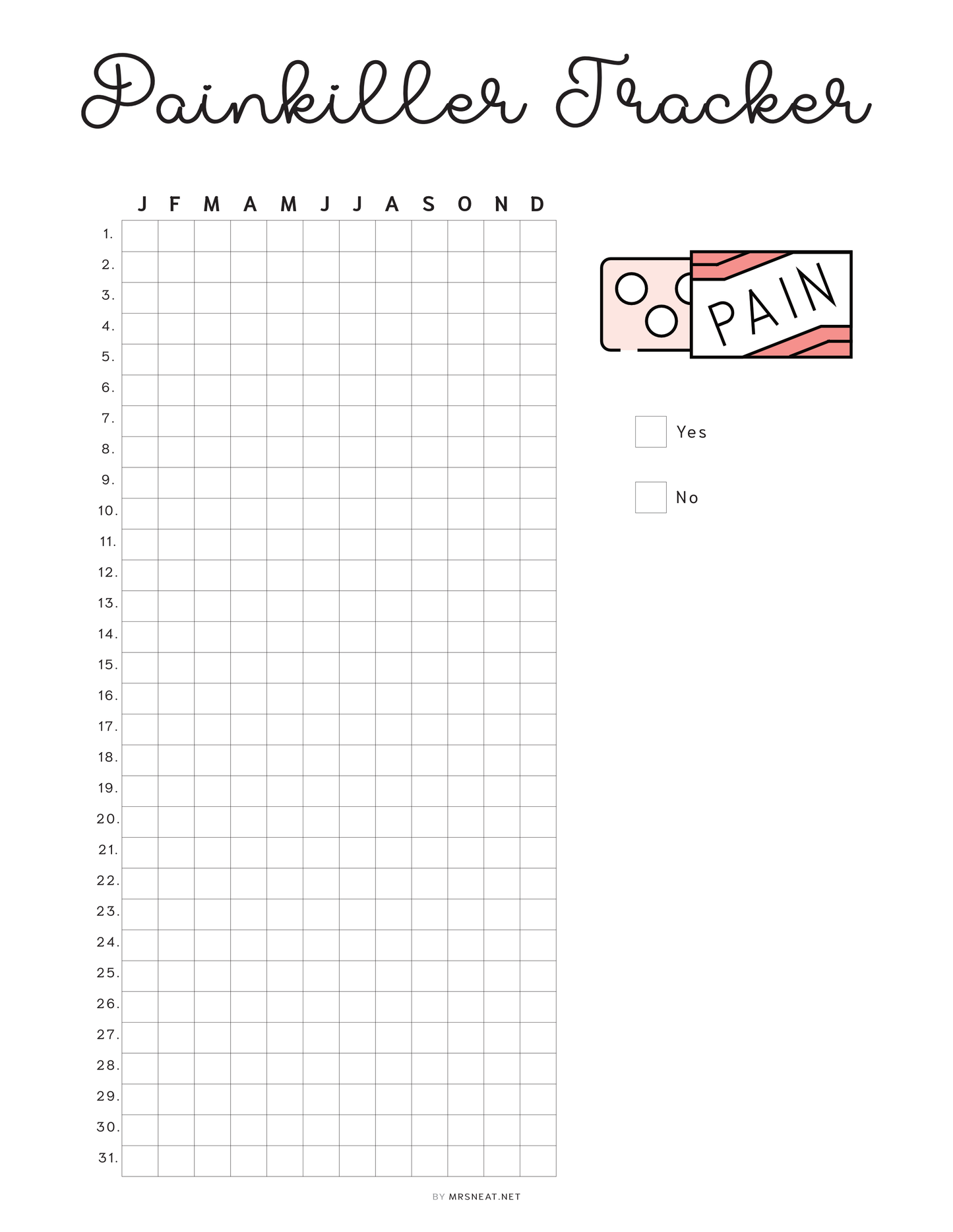 Painkiller Yearly Tracker, PRINTABLE Journal Page, Medication Tracker, Health Tracker, Pill Tracker, Meds Tracker, Track Medication, Digital Planner, Printable Planner, A4, A5, Letter, Half Letter, Instant Download