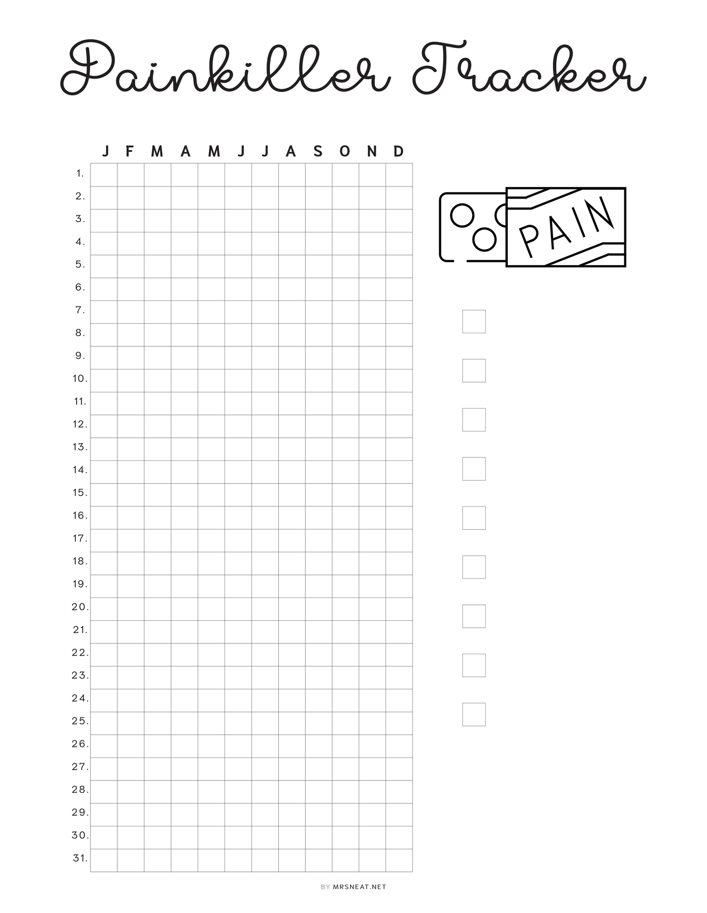 Painkiller Yearly Tracker, PRINTABLE Journal Page, Medication Tracker, Health Tracker, Pill Tracker, Meds Tracker, Track Medication, Digital Planner, Printable Planner, A4, A5, Letter, Half Letter, Instant Download