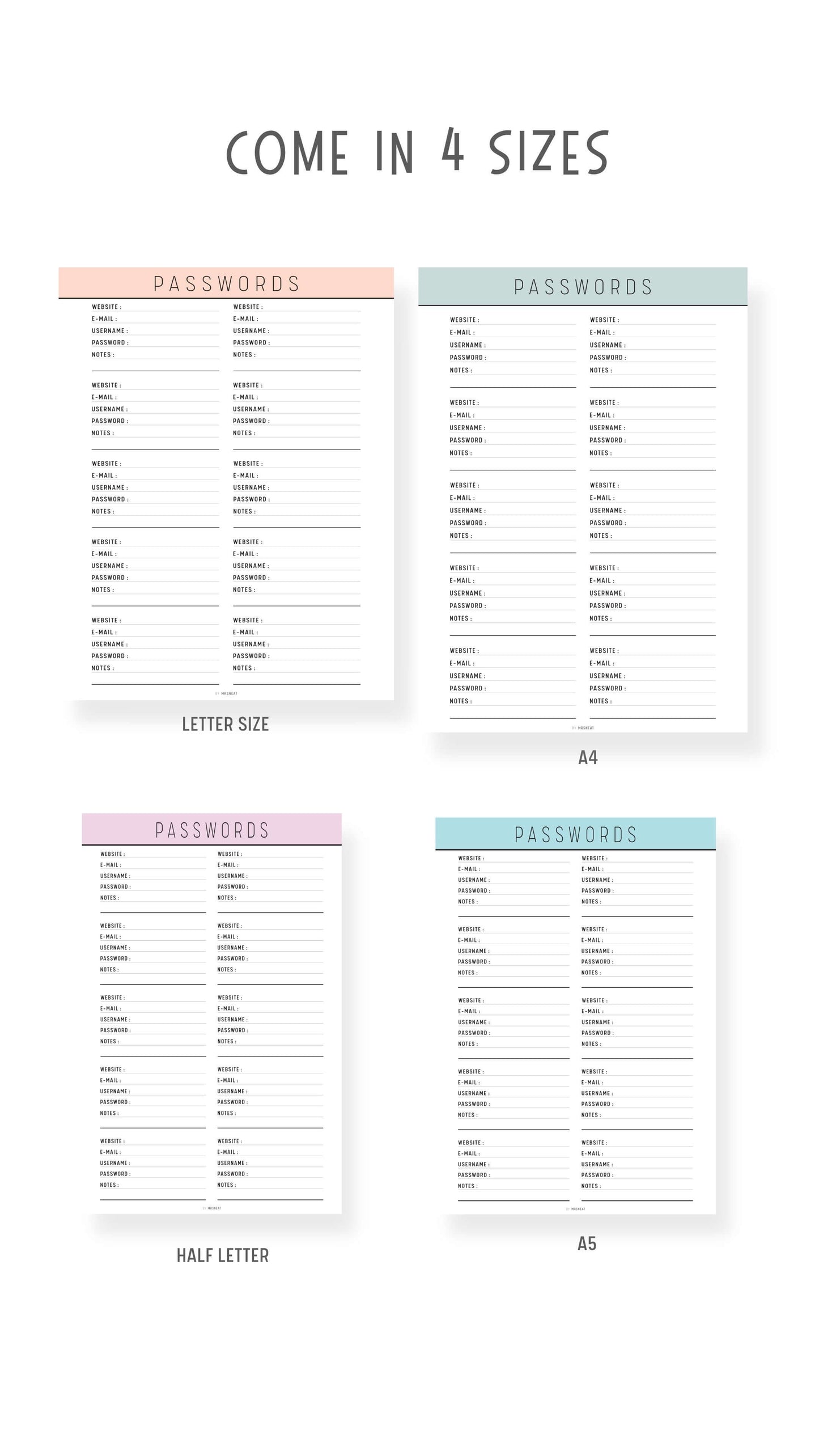 4 sizes Password Tracker Template Printable