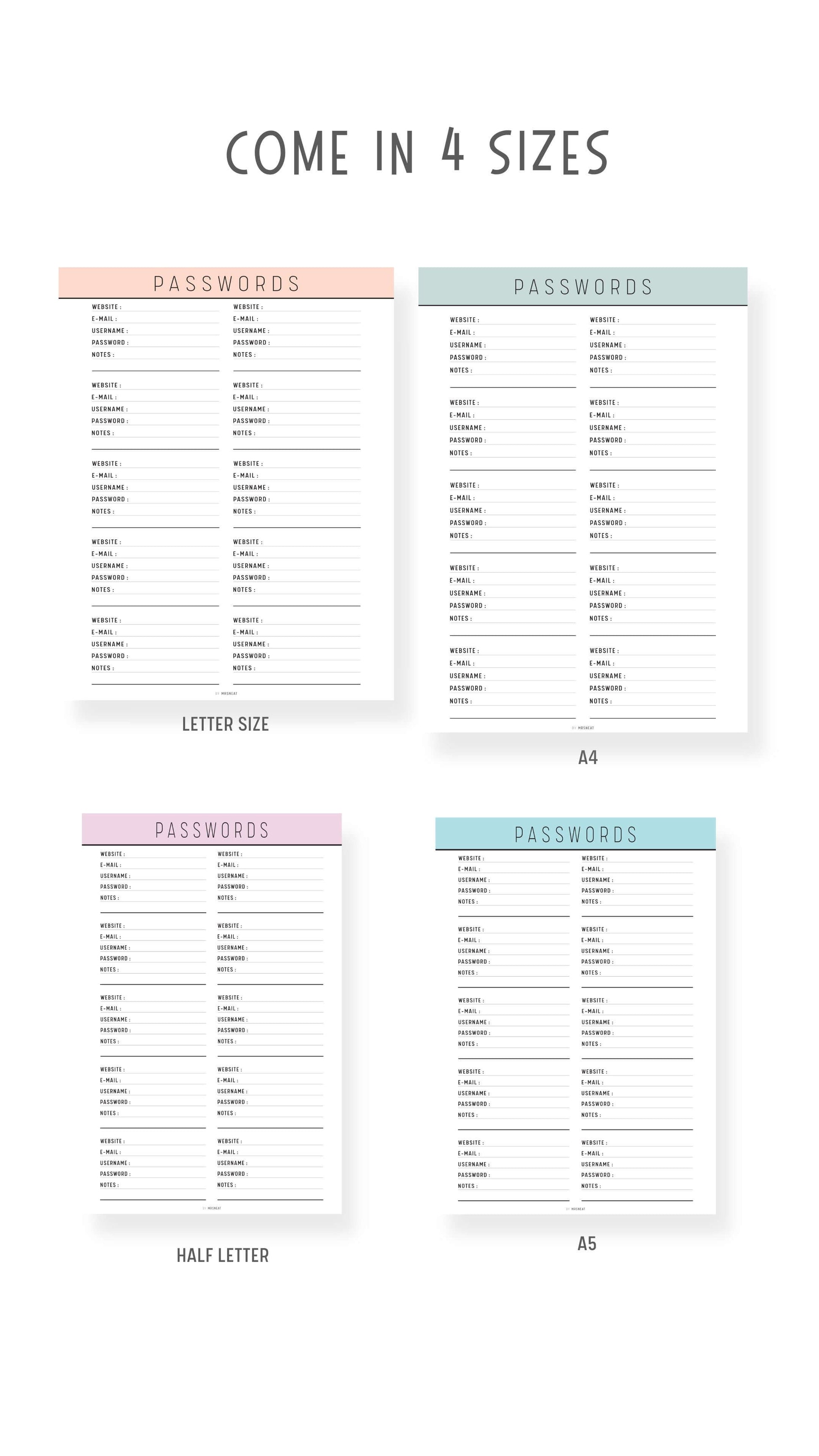 4 sizes Password Tracker Template Printable