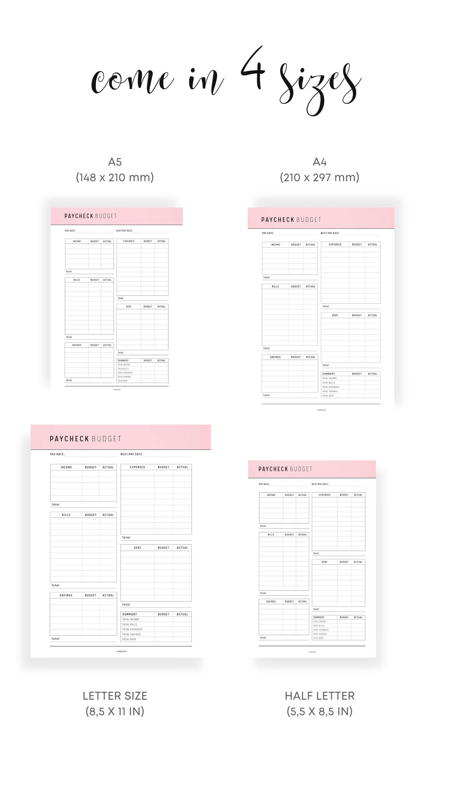 A4, A5, Letter, Half Letter Printable Paycheck Budget Template