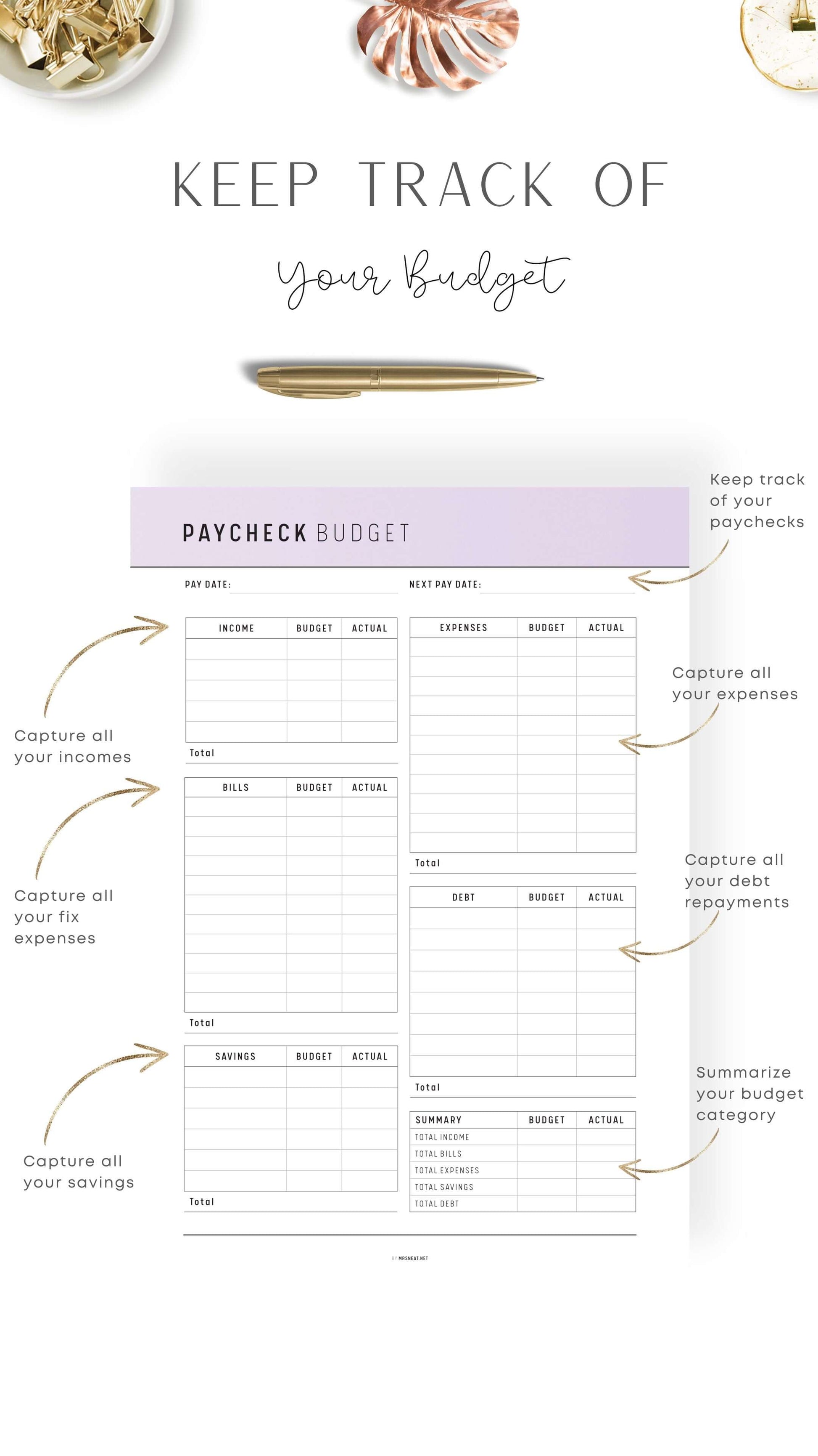 Purple Printable Paycheck Budget Template